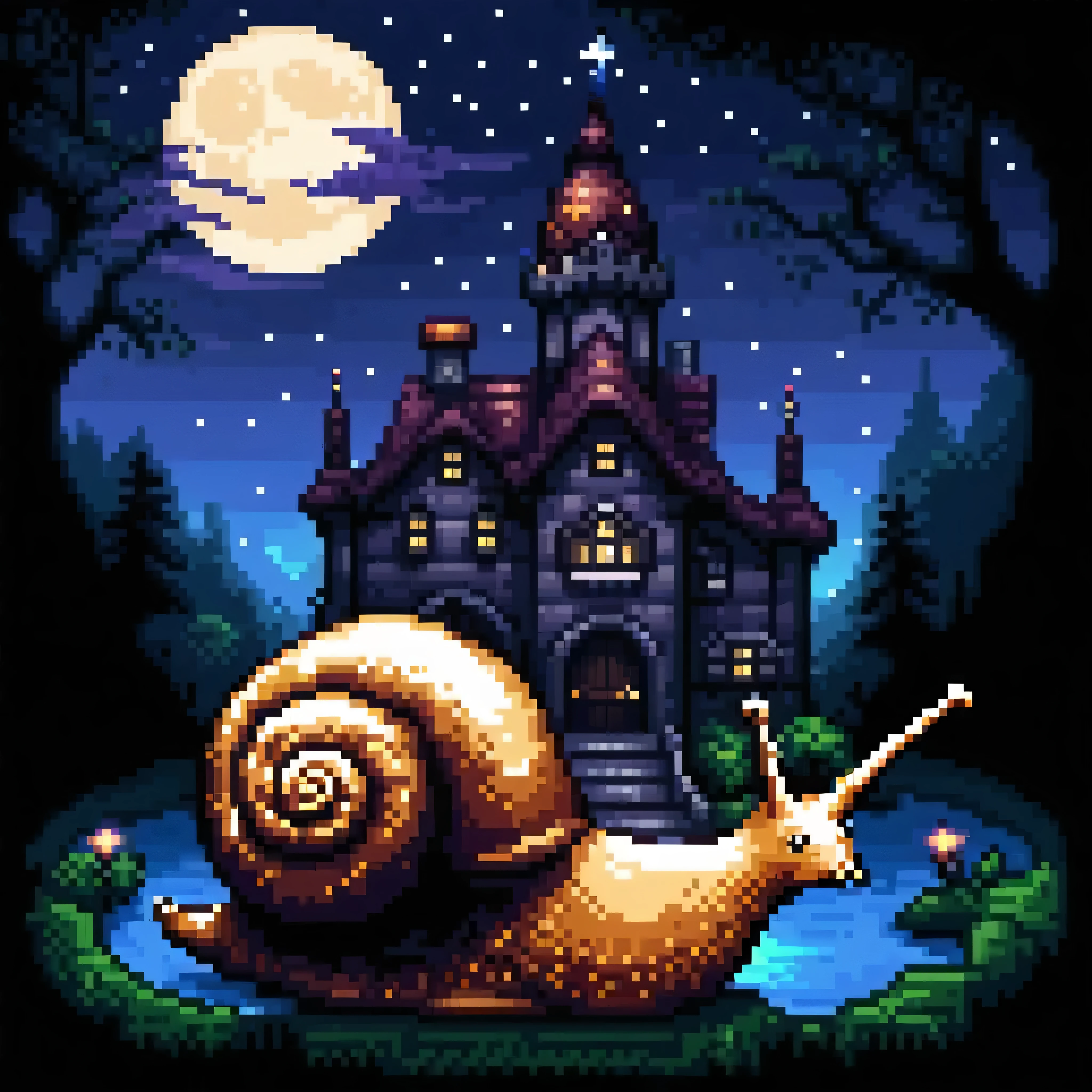 Cute pixel art illustration, masterpiece in maximum 16K resolution, superb quality, visualize a haunting twilight garden within a decrepit Victorian mansion during a sultry summer, where velvety dark roses, twisting ivy, the intricately carved gently flowing fountain, eerie bats flit through the dusky sky, adding a mysterious and gothic charm to the warm summer ambiance. | ((More_Detail))