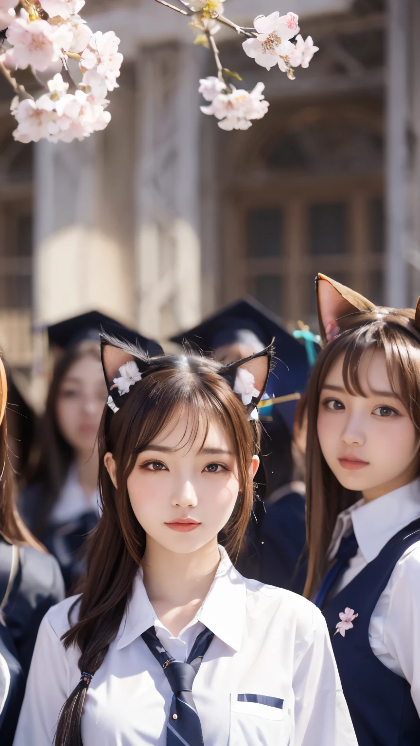 masterpiece, 4k, Bokeh, beautiful face, (multiple girls:1.4), Harem, (group photo:1.2), (Cat ears:1.3), medium bob hair, school uniform, graduation, looking at the viewer, cherry blossoms, cowboy shot,