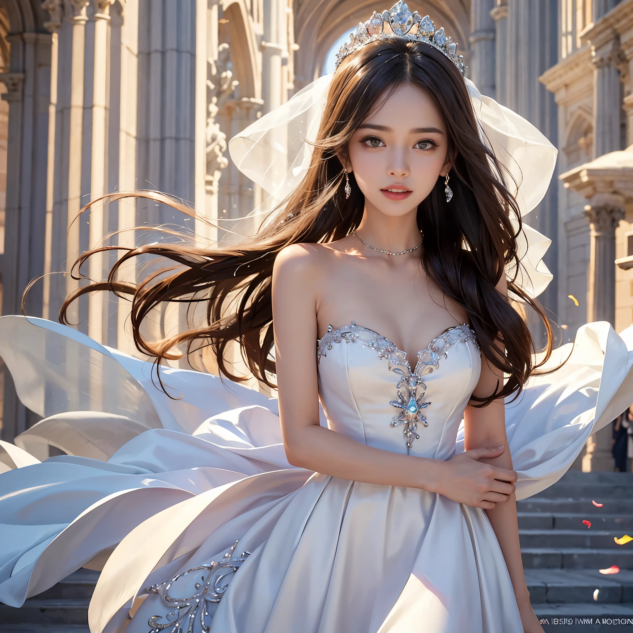 best quality, masterpiece, only 1 girl, huge laugh, cute , thin collarbone, shiny lips, sweet, sun glare, Conservative attire, Beaded bell-line wedding dress, bridal tiara, depth of field, blurred background, Cathedral Background, light particles, strong wind, head tilt, long hair, 