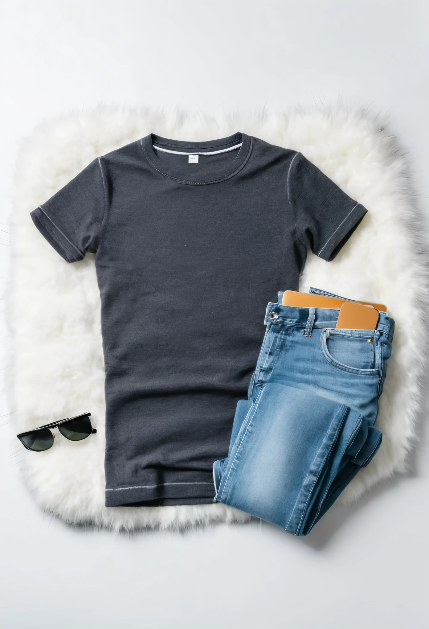 Create dark heather color t-shirt mockup, polyester and cotton fabric, top view, dark heather t-shirt lying on a white furry curpet, jeans, wallet, sunglass, Hat, Smart Phone around the t-shirt, on the white furry curpet, Flat white background, full sleeve t-shirt, crew neck design, The collar is ribbed knit, crewneck t-shirt