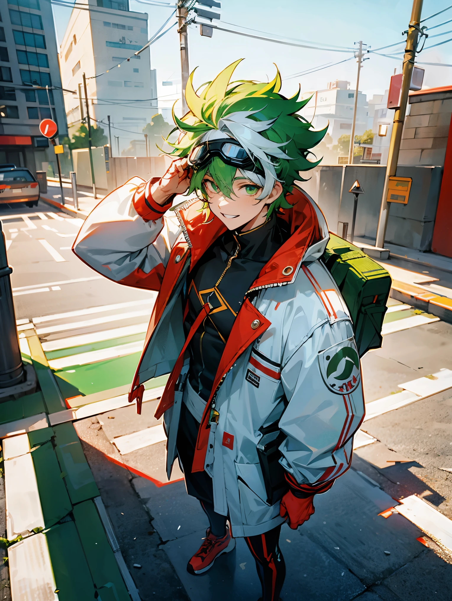 1male , Multicolored Hair , White and Green Hair , White Jacket with the Red Letter A Symbol , Standing on sidewalk , Goggles on head , Adult Male , Muscular , Happy Expression , Messy Hair