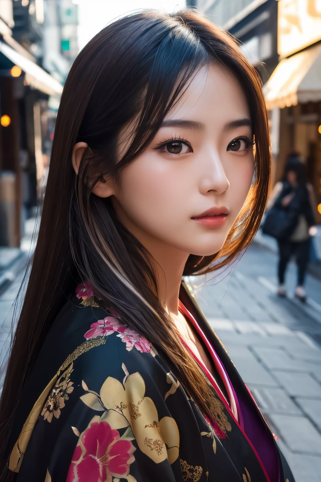 Beautiful Japanese supermodel woman, A lock of hair with slight highlights, black eyes, Sexy,street background,Gorgeous kimono , Liquid color flows across her face, Shooting against the light,Perfect facial lighting,mixed media