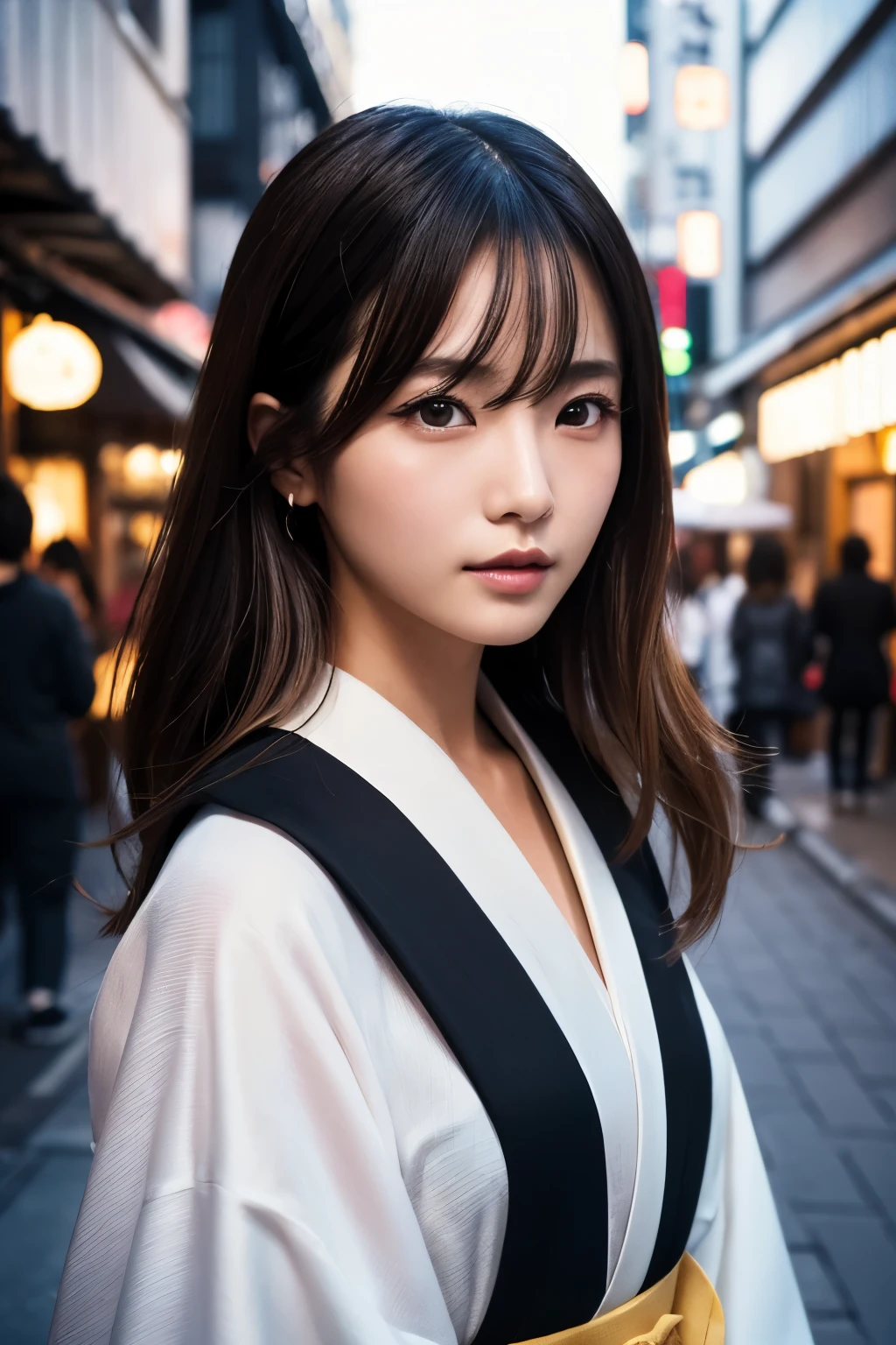 Beautiful Japanese supermodel woman, A lock of hair with slight highlights, black eyes, Sexy,street background,Gorgeous kimono , Liquid color flows across her face, Shooting against the light,Perfect facial lighting,mixed media