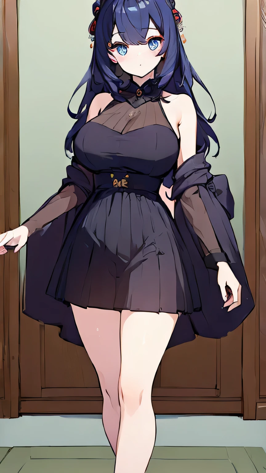 ((masterpiece)),((best quality)),ultra-detailed,illustration,1girl,solo,(anime screencap),cowboy shot,Clothes,((Chinese clothes)),((china dress:1.2)),highleg dress,(cheongsam),
((black cheongsam)),leaf print,Clothing pattern,pumps,blue sky,Beautiful Finger,Beautiful long legs,Beautiful body,Beautiful Nose,Beautiful character design,perfect eyes,perfect face,alluring,,official art,wallpaper,perfect lighting,Colorful,ultra highres,4K,photography,8K,HDR,highres,(groin),(Beautiful,large breasts:1.4),day,(beautiful face:1.5),(narrow waist),(purple hair, red eyes, long hair, large breasts:1.5),((full body:1.5)),Sakurai Sawa,Saiminjutsu 2,((living room,couch)),,standing, <lora:Sakurai Sawa v1:0.7>
