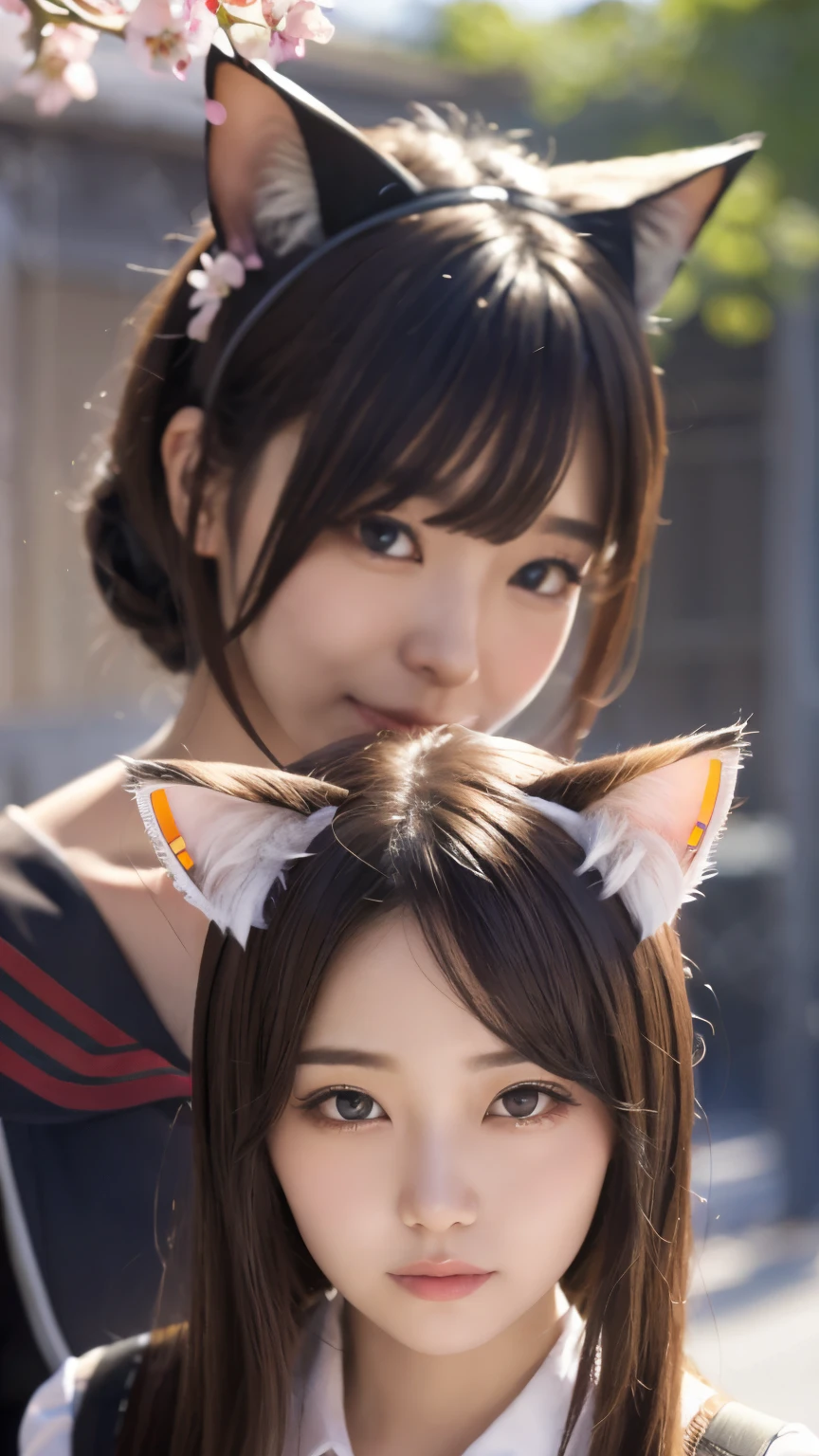 masterpiece, 4k, Bokeh, beautiful face, (multiple girls:1.4), (Japanese idle:1.2), Harem, (group photo:1.2), (Cat ears:1.3), medium bob hair, school uniform, graduation, looking at the viewer, cherry blossoms, cowboy shot,