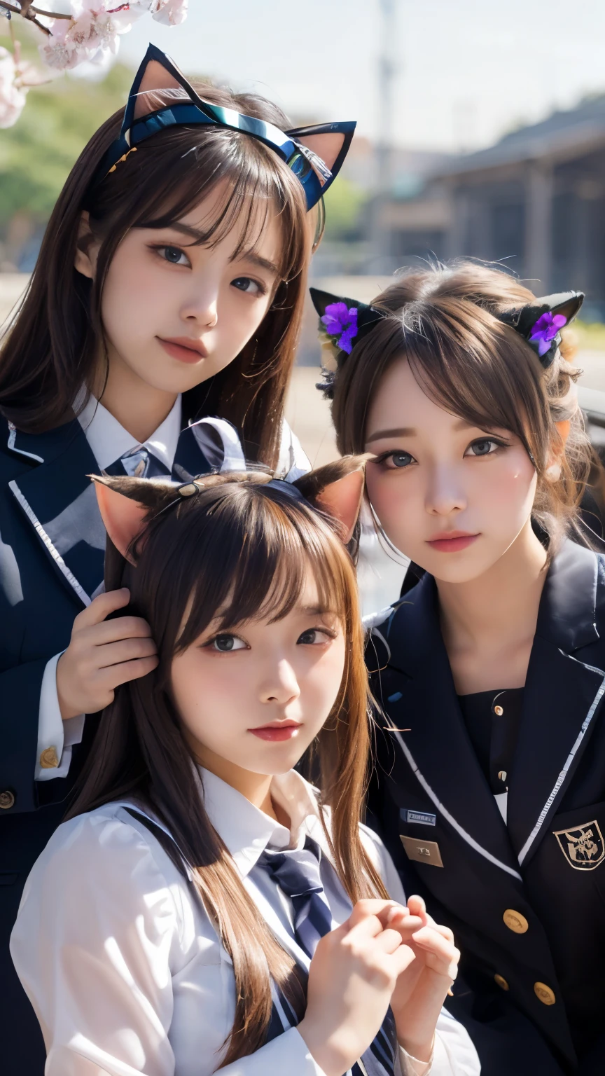 masterpiece, 4k, Bokeh, beautiful face, (multiple girls:1.4), (Japanese idle:1.2), Harem, (group photo:1.2), (Cat ears:1.3), medium bob hair, school uniform, graduation, looking at the viewer, cherry blossoms, cowboy shot,