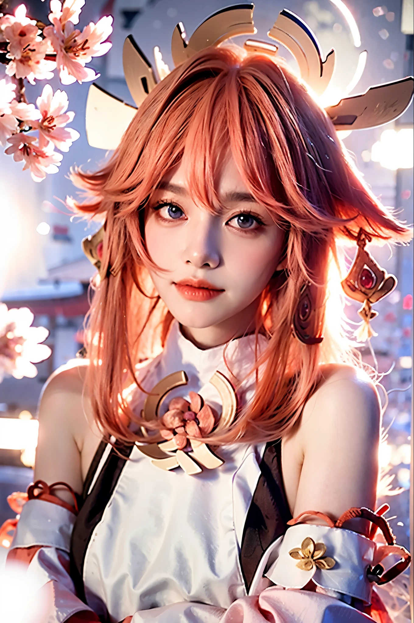 1 girl, super high resolution, (realistic, photorealistic: 1.48), omertosa, 1girl, (Kpop idol), (aegyo sal: 1), cute, bokeh, night, professional lighting, detail lighting, photon mapping, radiosity, physically based rendering, backlighting, depth of field, hard focus, film grain, one meter shooting distance, professional shot, shot with Sony a9 II mirrorless camera, detailed eyes, detailed Eyes, realistic eyes, detailed shadows, look on viewer, dog ears, detailed lighting, (detailed hair, realistic hair, realistic lighting, realistic shadows, realistic clothing), realistic skin, cherry blossoms, white miko kimono, full body, Japanese shrine, asian woman, long pink hair, animal ears, purple eyes, sleeveless top, wide separate sleeves, golden details, ((red japanese temple, sakura blossoms))