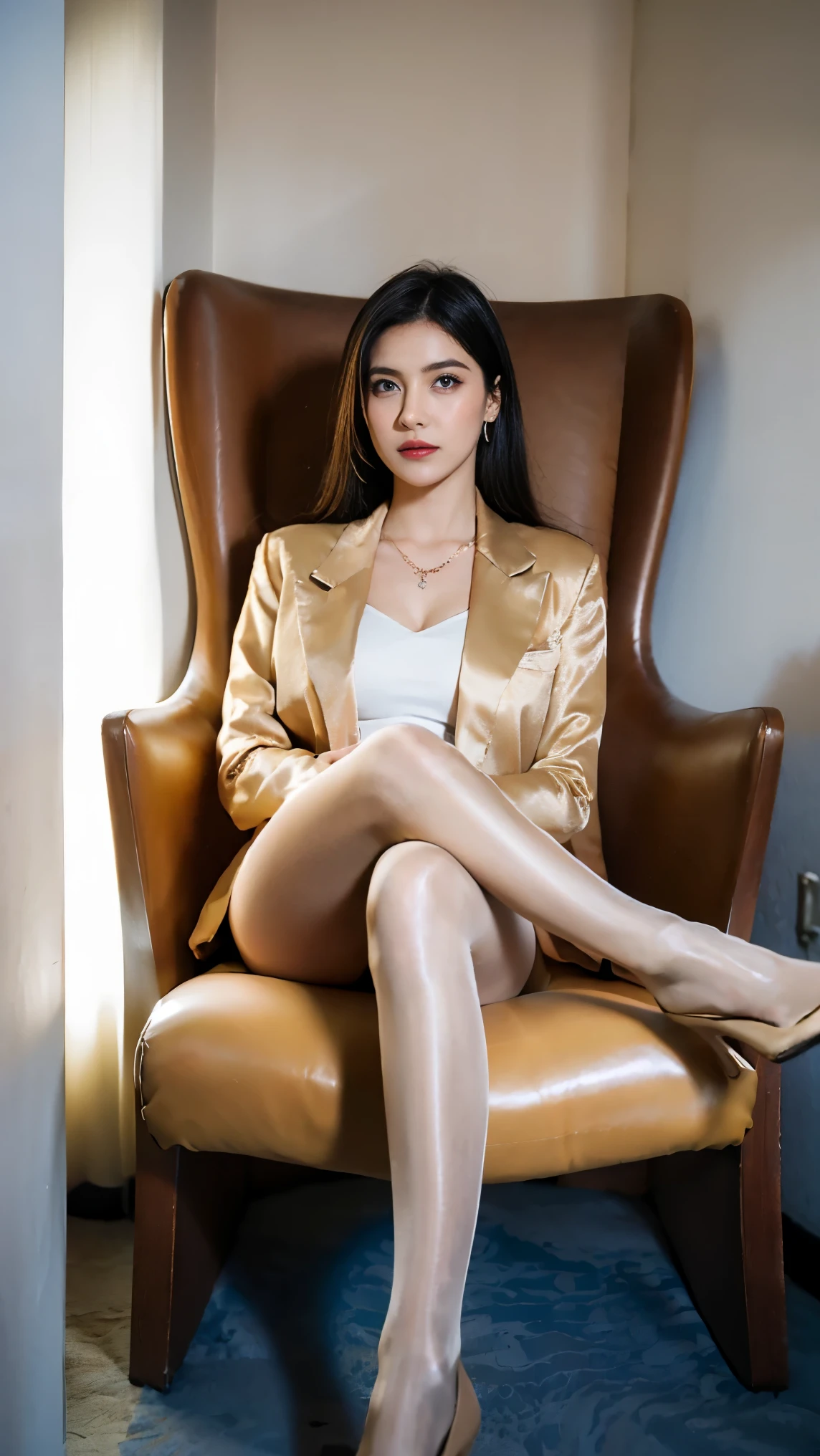 1 girl sitting in an office chair，,(European model:1.3),31 years,hermosamente,Mujeres empresarias&#39;ropa,(chaqueta:1.1),(camisa:1.1),(falda cruzada:1.1),joyas,prendas de punto,,color，piel de gallina,piel de gallina，（Fidelidad：1.3），filigrana，calidad，（obra maestra：1.2），（Fidelidad：1.2），（best calidad），（Detalles de la piel：1.3），（Detalles intrincados），drama，trazado de rayos，foto，bathed in light and shadow，visual novel，Oficina del jefe de rascacielos，Las ventanas ofrecen vistas a la ciudad.，film grain，profundidad de campo，High heel，tiro de cuerpo completo，collar，
