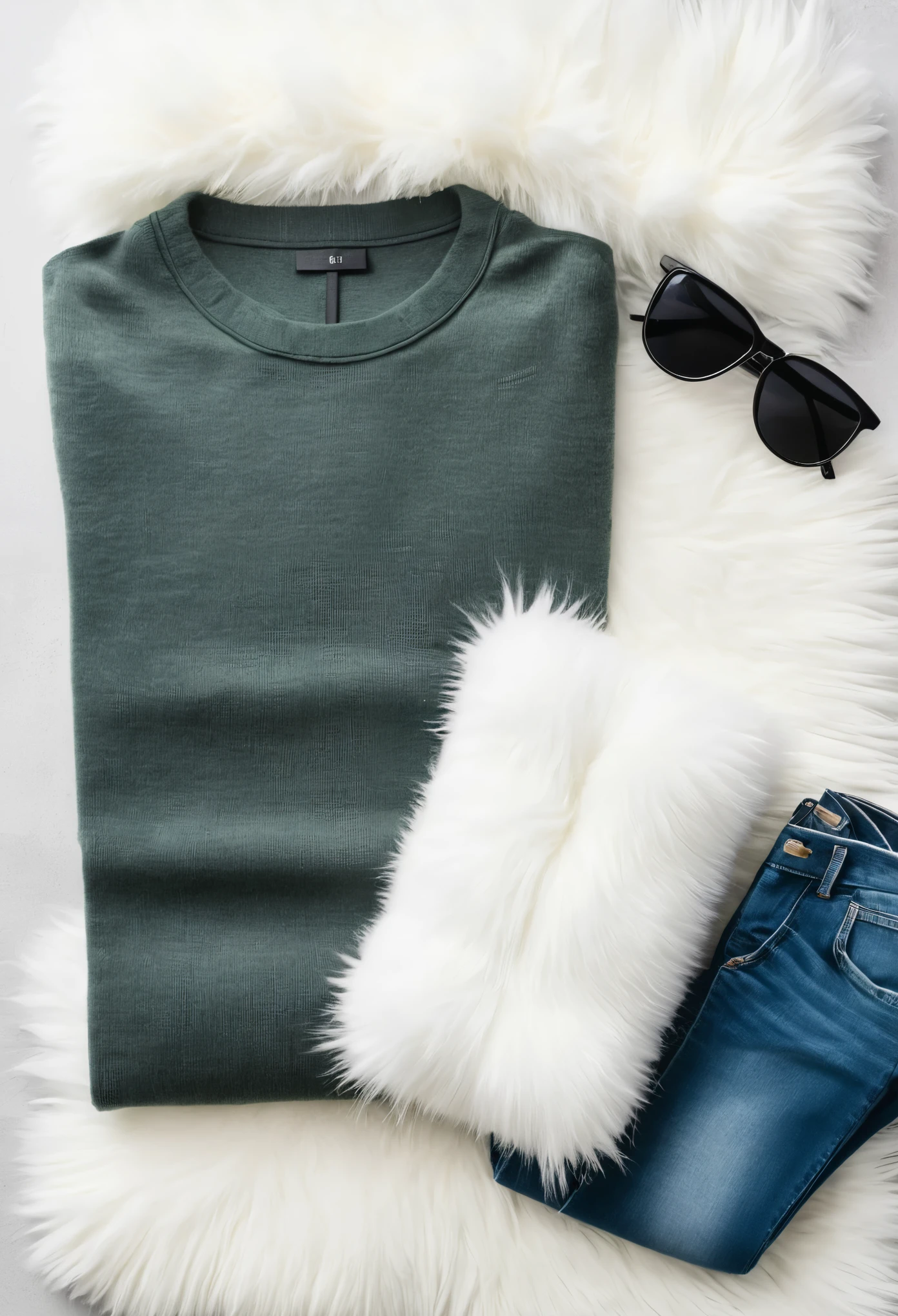 Create white color t-shirt mockup, polyester and cotton fabric, top view, white t-shirt lying on a light green furry curpet, jeans, wallet, sunglass, Hat, Smart Phone around the t-shirt, on the light green furry curpet, Flat white background, full sleeve white t-shirt, crew neck design, The collar is ribbed knit, crewneck t-shirt