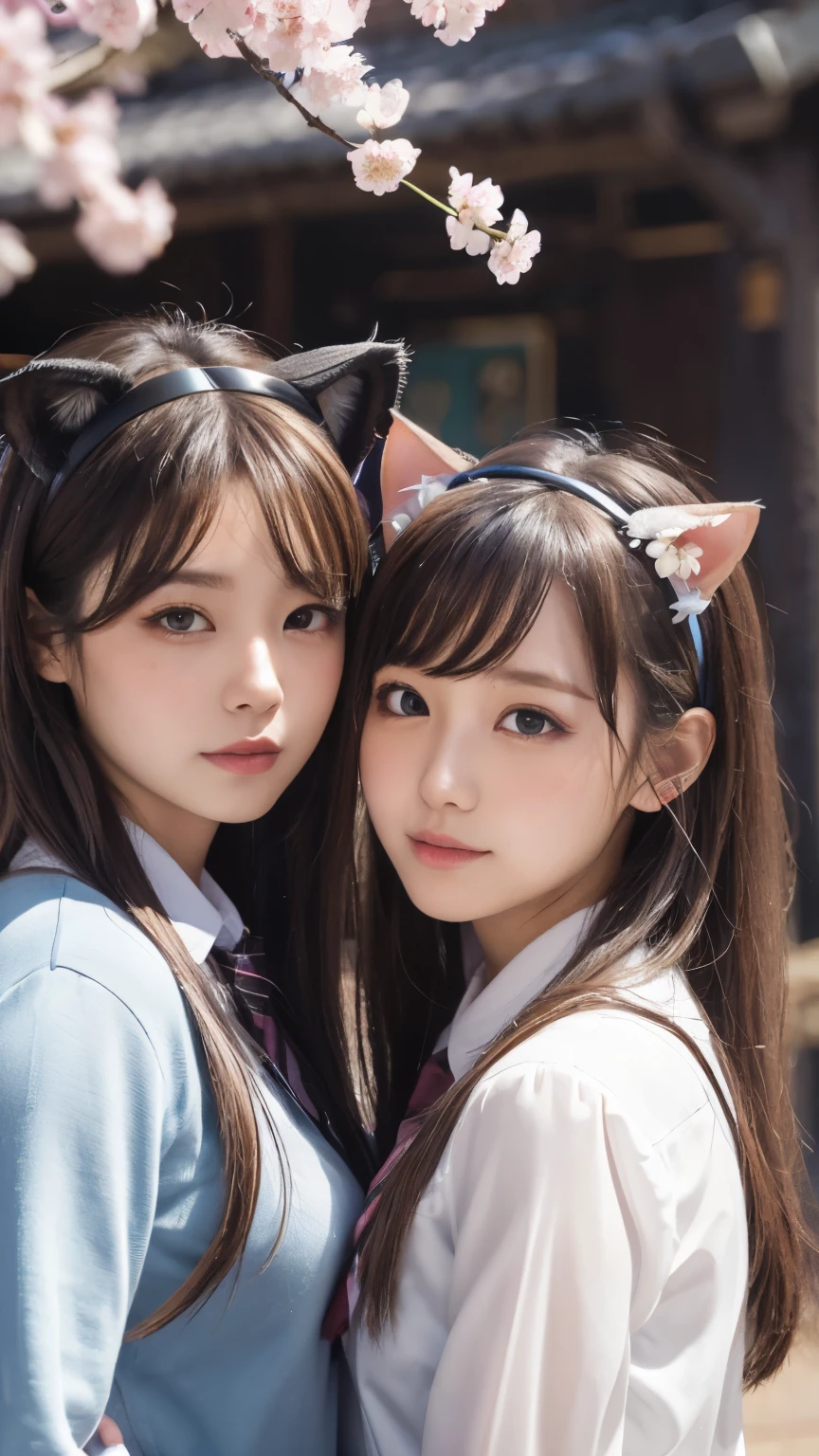 masterpiece, 4k, Bokeh, beautiful face, (multiple girls:1.4), (Japanese idle:1.2), Harem, (group photo:1.2), (Cat ears:1.3), medium bob hair, school uniform, graduation, looking at the viewer, cherry blossoms, cowboy shot,