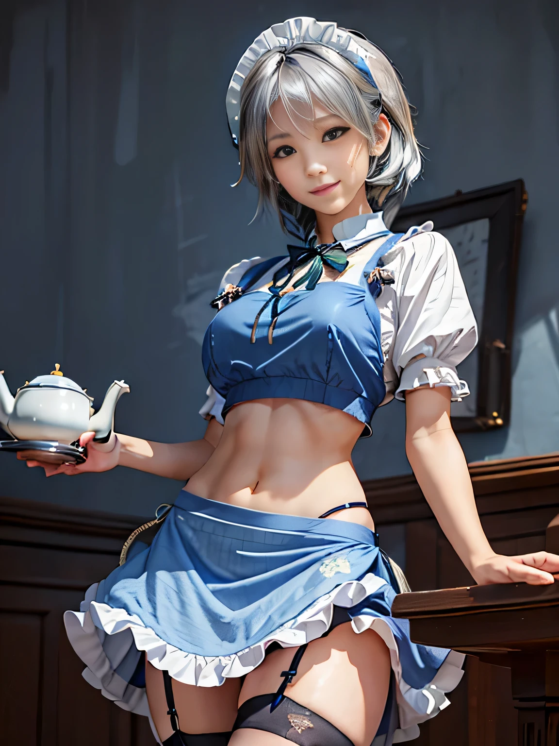 (masterpiece, best quality:1.4), ((1girl)), highres, solo, (european youth:1), {izayoi_sakuya_touhou:1.15}, ((Touhou Project)), ((18 years old)), Cosplay, (((short hair))), (((silver hair))), braid, twin_braids, maid_headdress, (((blue maid))), bow, hair_bow, bangs, blue_eyes, blue ribbon, hair_between_eyes, breasts, ((white apron)), (((Navel))), (((Pose))), (Tea set), single thighhigh, fishnets, high detailed skin, dslr, soft lighting, high quality, highly detailed face, highly detailed skin, skin pores, subsurface scattering, realistic pupils, full face blush, detailed background, depth of field, volumetric lighting, sharp focus, absurdres, realistic proportions, good anatomy, ((cowboy shot)), ((looking at viewer)), ((light smile)), (realistic, hyperrealistic:1.4), 16k hdr, from above, (((Blue sky))), BREAK, (((Big mansion)))