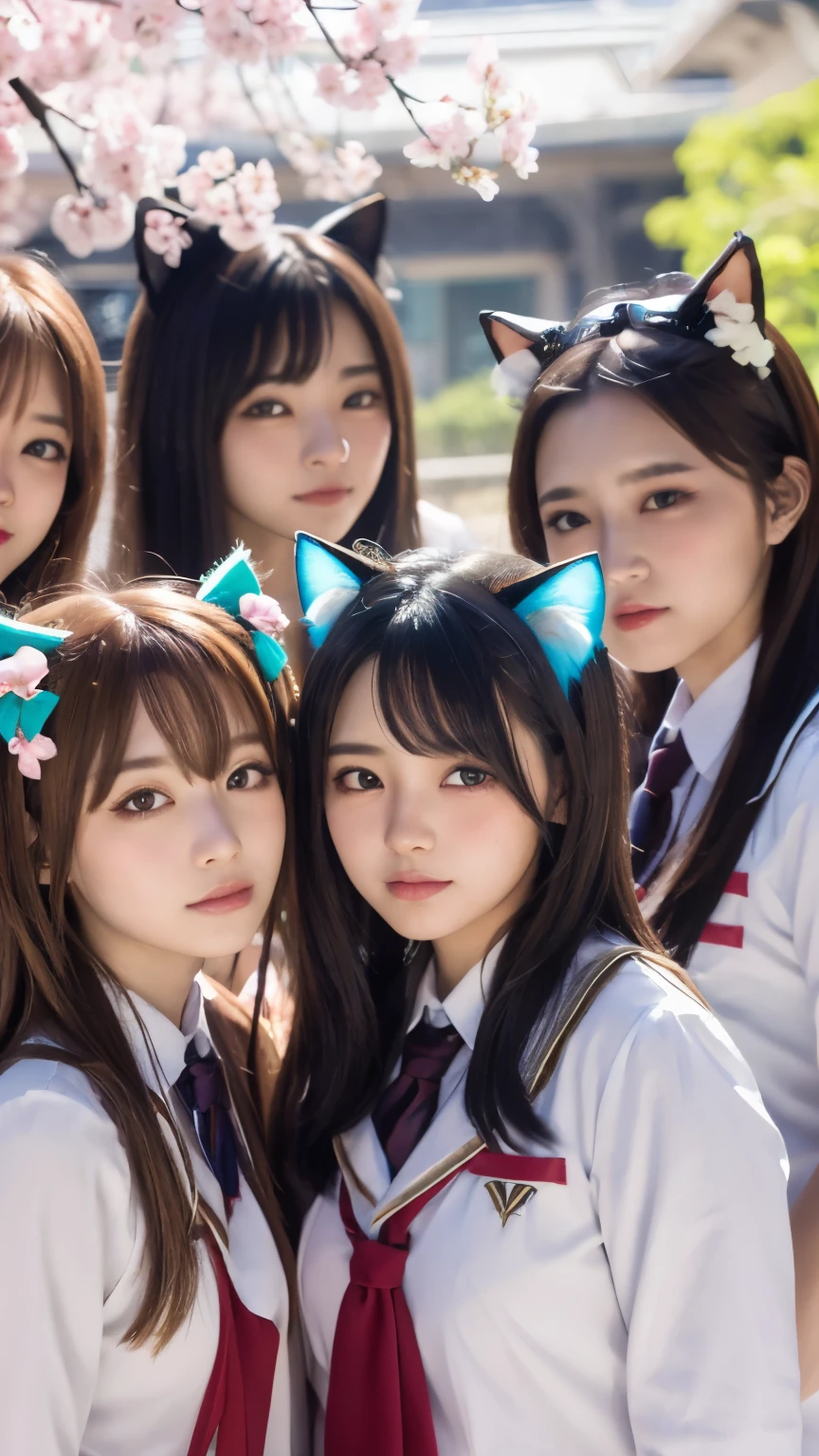 masterpiece, 4k, Bokeh, beautiful face, (multiple girls:1.4), (Japanese idle), Harem, (group photo:1.2), (Cat ears:1.3), medium bob hair, school uniform, graduation, looking at the viewer, cherry blossoms, cowboy shot,