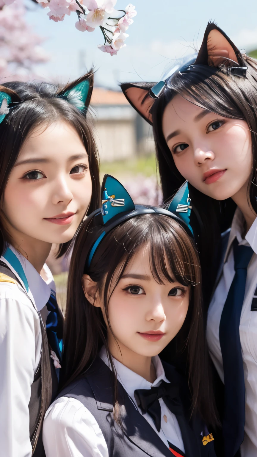 masterpiece, 4k, Bokeh, beautiful face, (multiple girls:1.4), (Japanese idle), Harem, (group photo:1.2), (Cat ears:1.3), medium bob hair, school uniform, graduation, looking at the viewer, cherry blossoms, cowboy shot,