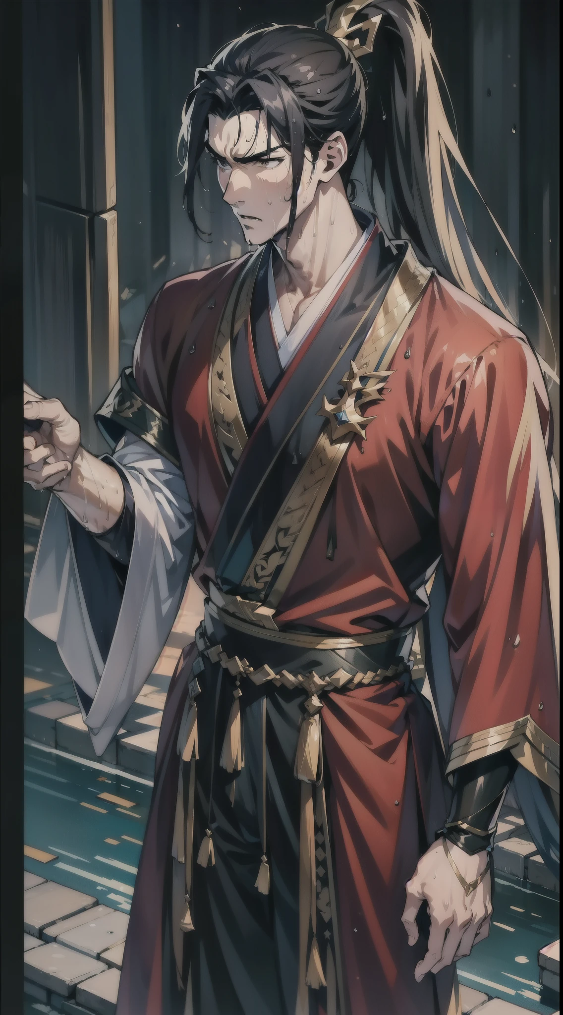 kryuger， 独奏， 1boy， malefocus， pointing at viewers， pointing，Dressed in gorgeous black Hanfu， cabelos preto e longos，lbeard，Masterpiece of the best quality，4k，high qulity，A high resolution
