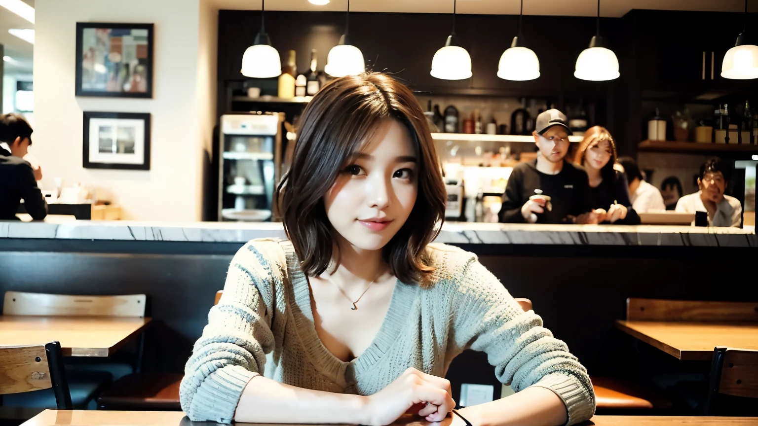 (最high quality、8k、32K、masterpiece:1.2)、A photo of a female college student who looks like a cute model、normal breasts、short bob hair、Upper body、face focus、extra large_sweater、necklace、look at the audience、background a trendy coffee shop with a unique aesthetic and atmosphere. Incorporate elements like modern furniture, artistic decoration, and ambient lighting to enhance the ambiance. People who enjoy drinks々Consider including, engaging in conversation, or quietly working on laptops. Let your creativity flow、In this chic café setting「stable diffusion」Let the idea come to life, I can see other customers enjoying themselves too..。At the back of the cafe、Staff are busy working at the counter.、Feel the vibrancy and warmth of a city cafe.., sharp focus, 1 girl, sexy 1.2, brown hair, With bangs, fine eyes, Beautiful eyes with long slits, double eyelid, (cat face), (cute Face), cute Smile, (close your mouth), (cute), soft skin, surreal, Super detailed, high quality, (Beautiful female college student with short hair studying in a cafe), ((Detailed very cute college girl),