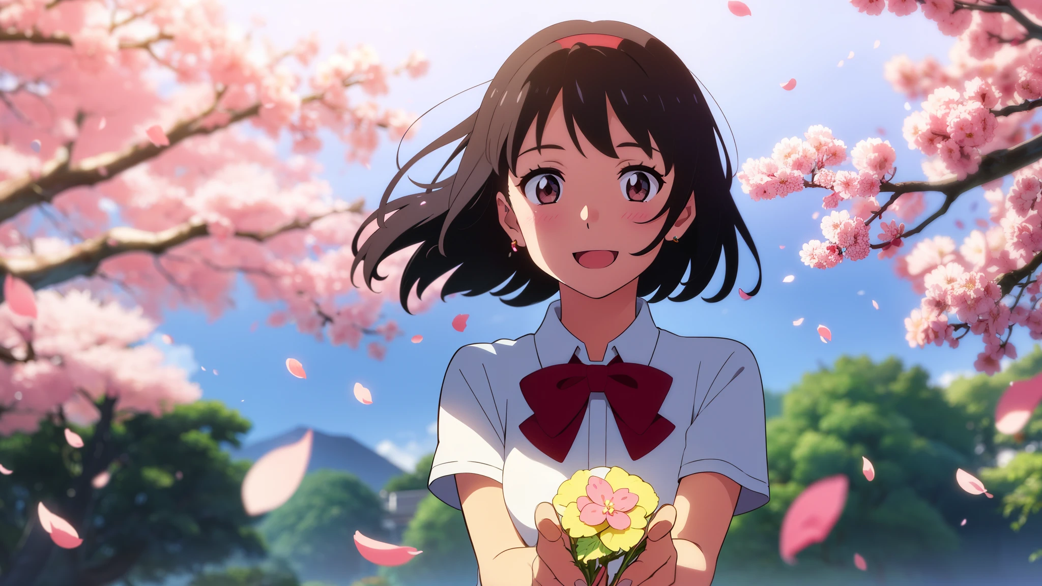 shinkai makoto, kimi no na wa., 1girl, bangs, black hair, blush, round eyes, bright eyes, brown eyes, red headband, red ribbon, short hair, shinny hair, smile, open mouth, :D. cute, beautiful, shiny skin, looking at the viewer, solo, white dress with cherry blossoms, short sleeves, earrings, cherry_blossoms, falling_petals, petals, branch, pink_flower, blue_sky, sunlight, spring_season, perfect hands, holding_flower, wind, tree