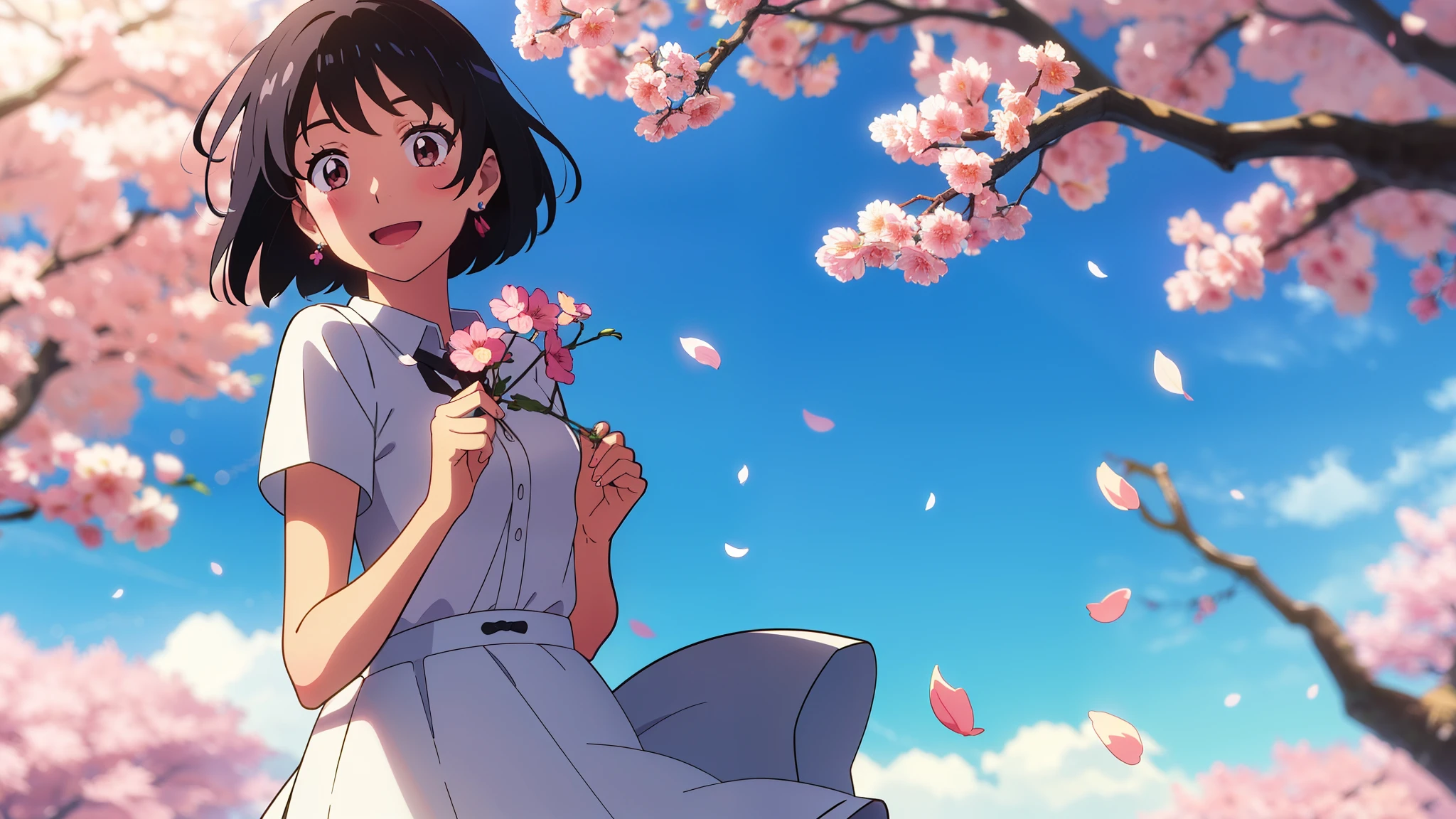 shinkai makoto, kimi no na wa., 1girl, bangs, black hair, blush, round eyes, bright eyes, brown eyes, red headband, red ribbon, short hair, shinny hair, smile, open mouth, :D. cute, beautiful, shiny skin, looking at the viewer, solo, white dress with cherry blossoms, short sleeves, earrings, cherry_blossoms, falling_petals, petals, branch, pink_flower, blue_sky, sunlight, spring_season, perfect hands, holding_flower, wind, tree