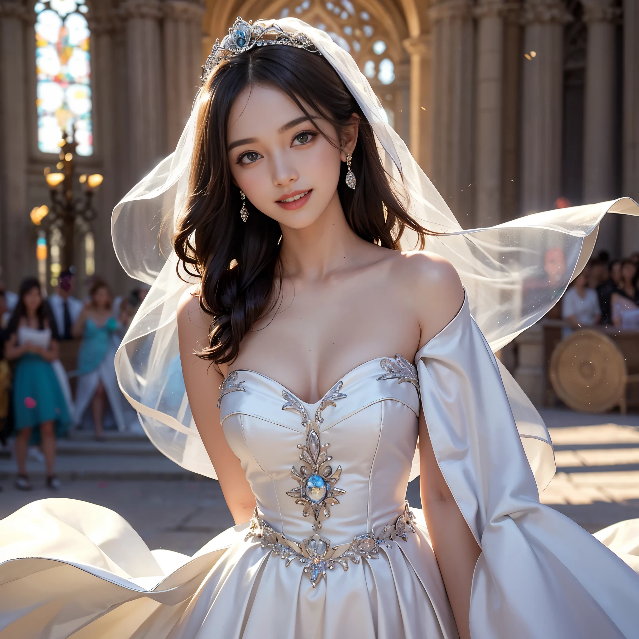 only 1 girl, huge laugh, cute teen, shiny lips, sweet, sun glare, Conservative attire, wedding dress, bridal tiara, depth of field, blurred background, Cathedral Background, light particles, strong wind, head tilt, long hair,