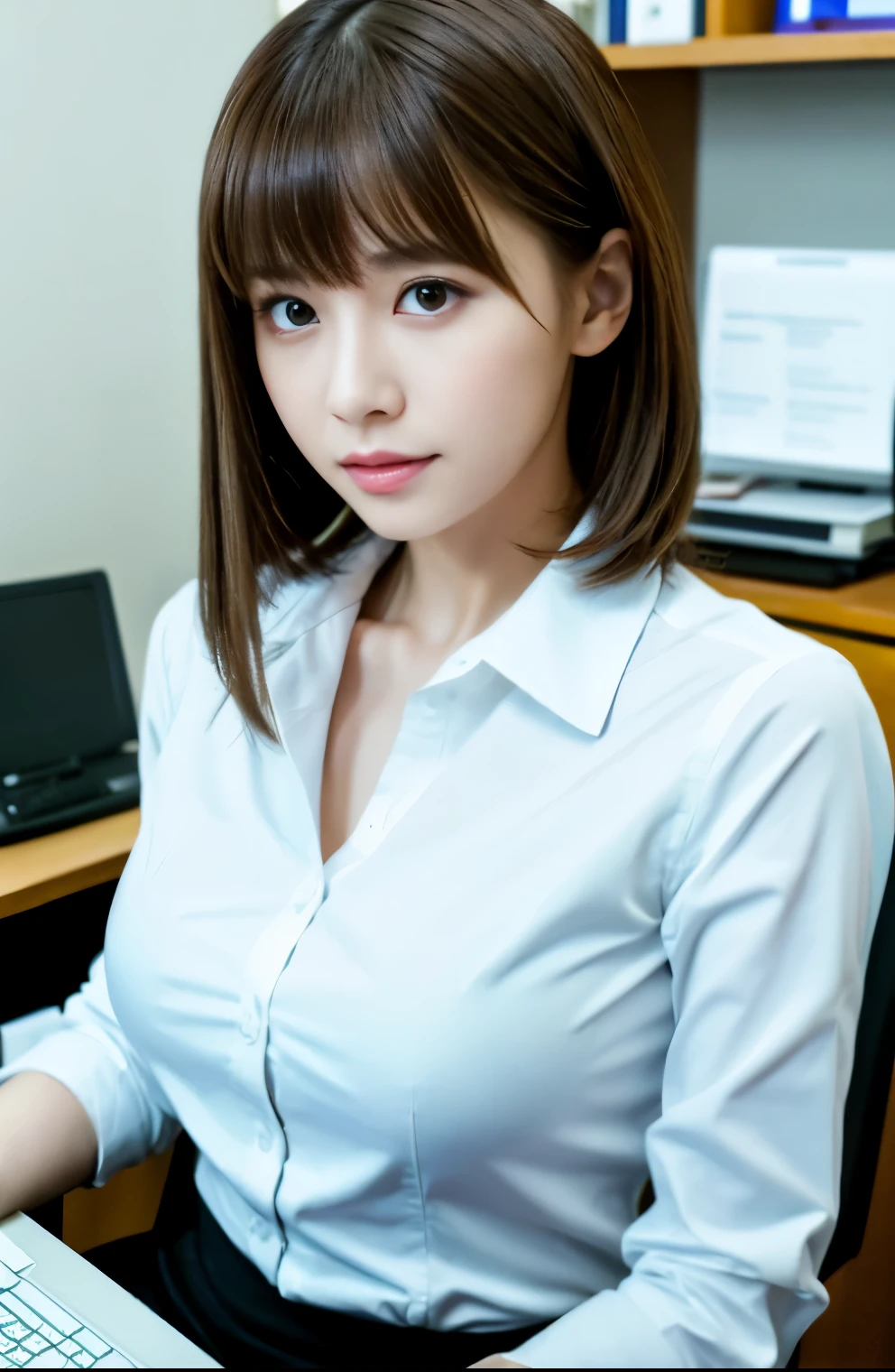 table top, highest quality, super detailed, finely, High resolution, 8k wallpaper, perfect dynamic composition, Beauty、、pat shoulders、beautiful and fine eyes,small face、neat girl、Slender、thin body、slender、white business shirt、natural color lip,office, get to the desk、a lot of documents on the desk,、operate a computer and work、hit the keyboard、My eyes are on the desktop、 brown hair、short bob、bangs bangs、beautiful breasts,slender体型、 grim expression、