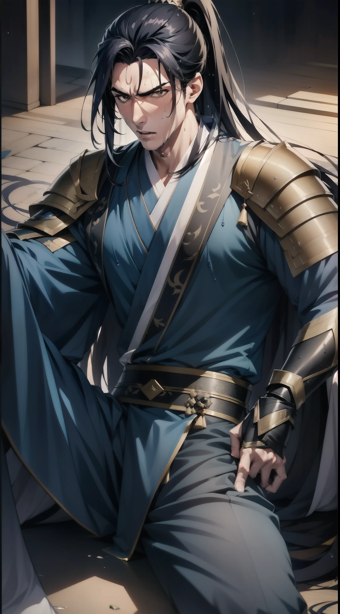 two-dimensional, anime style, man (male warrior), muscle, correct proportions, facial details, martial arts, high ponytail hairstyle, sweat, Sweating face, Slobber, neck detail, with Adam's apple, wet, wet, Hanfu costume, robe, 绣花robe, dragon robe, clothing details, collar, long sleeves, Game quality, swordsman demeanor, Ray tracing, Ray tracing, Details shine, CG rendering, hair details, long black hair, golden eyes, Sweating face, Handsome, Handsome, Sweat beads slid down my neck, (Youthful feeling), intricate clothing, wet, wet, perfect composition, Refinement, high quality, more details, many details, complex background, atmosphere,