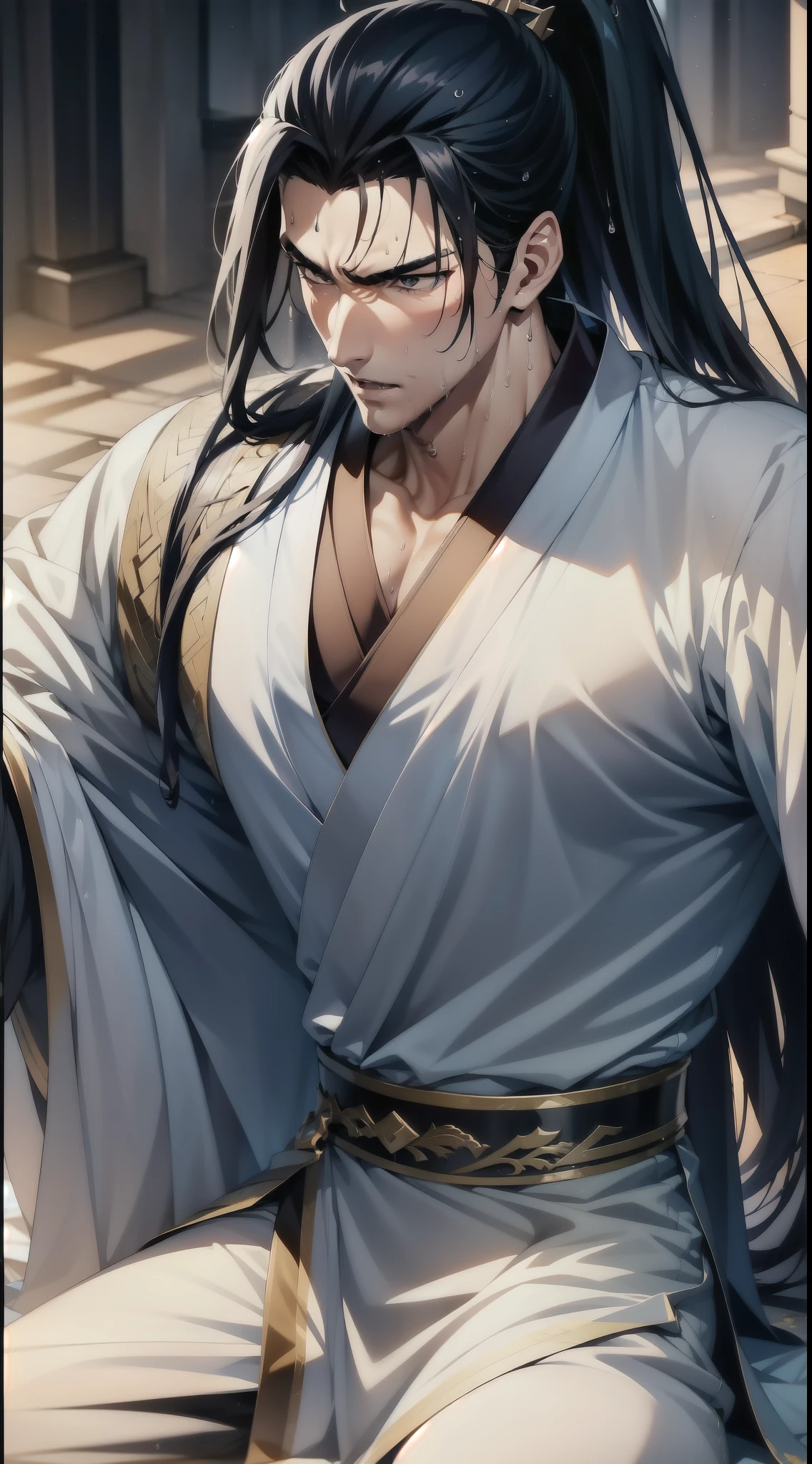 two-dimensional, anime style, man (male warrior), muscle, correct proportions, facial details, martial arts, high ponytail hairstyle, sweat, Sweating face, Slobber, neck detail, with Adam&#39;s apple, wet, wet, Hanfu costume, robe, 绣花robe, dragon robe, clothing details, collar, long sleeves, Game quality, swordsman demeanor, Ray tracing, Ray tracing, Details shine, CG rendering, hair details, long black hair, golden eyes, Sweating face, Handsome, Handsome, Sweat beads slid down my neck, (Youthful feeling), intricate clothing, wet, wet, perfect composition, Refinement, high quality, more details, many details, complex background, atmosphere,