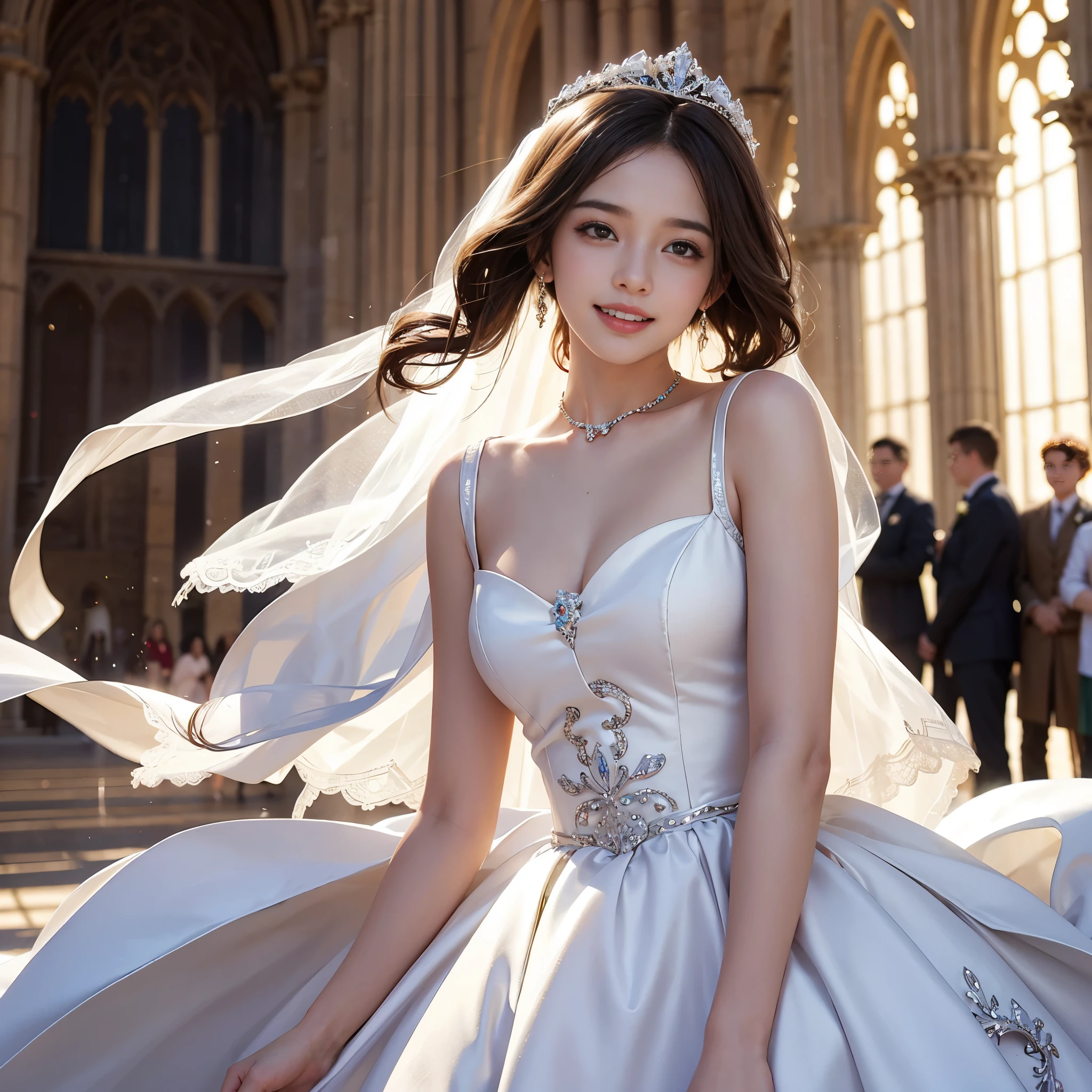 only 1 girl, huge laugh, cute teen, shiny lips, sweet, sun glare, Conservative attire, wedding dress, bridal tiara, depth of field, blurred background, Cathedral Background, light particles, strong wind, head tilt, long hair,