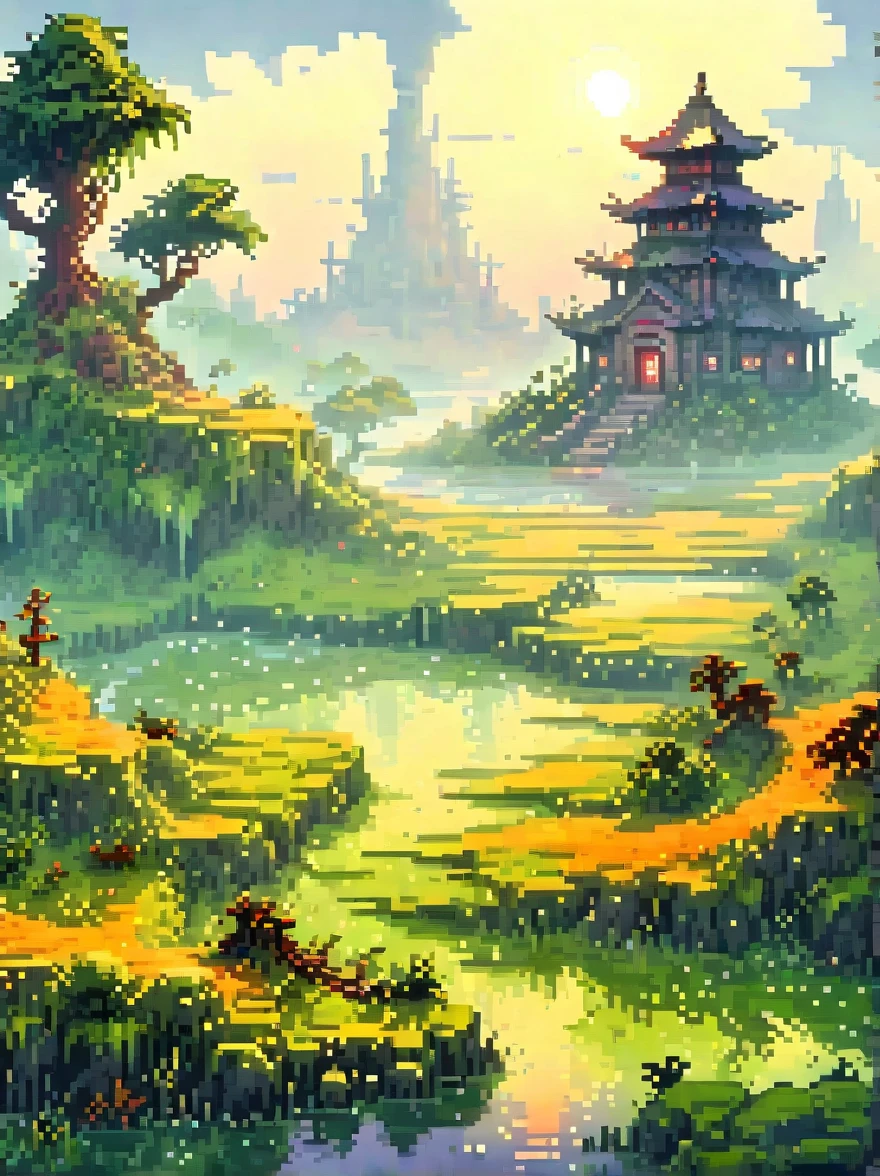 (pixel art:1.5)，foggy field, trees, ((giant creature1.5)), ((enveloped by fog:1.5)), horizon, unclear shape, towering, city skyline, small humans, mystery, awe, natural landscape, fantastical, eerie, captivating, dawn, dusk, mystical quality, vastness, minuteness, known world, unknown, nature, civilization, subdued colors, ethereal, silhouette, soft light, sky, photo real, Shot on a 50mm lens, classic composition, masterpiece, exquisite, color correction, amazing visual effects, crazy details, intricate details, sharp focus, super high effect，(UHD, masterpiece, ccurate, anatomically correct, textured skin, high details, high quality, award winning, 8k), ((super high saturation, extremely bright and bright colors)，whole body，ultra wide angle lens，