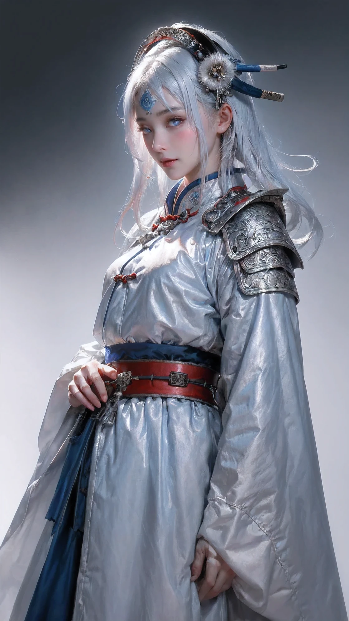 cowboy shut,ultra-detailed,Intricate details EABA,blue eyes,white hair,long hair,cloaks,chinese samurai,Armor,samurai helmet,vivid colors,soft light,