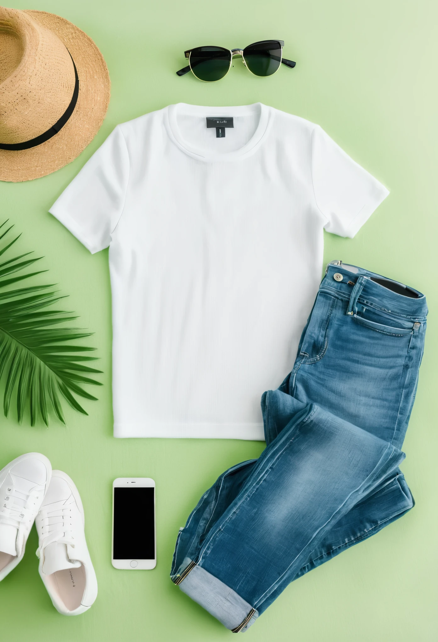 Create white color t-shirt mockup, polyester and cotton fabric, top view, white t-shirt lying on a light green furry curpet, jeans, wallet, sunglass, Hat, Smart Phone around the t-shirt, on the light green furry curpet, Flat white background, full sleeve white t-shirt, crew neck design, The collar is ribbed knit, crewneck t-shirt