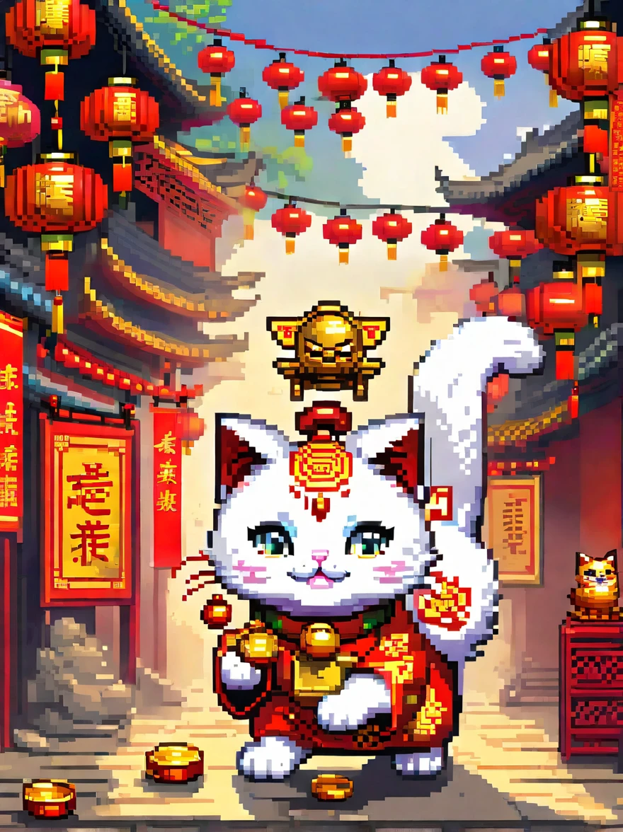 (pixel art)，Lucky Cat，white cat，Holding gold ingot gold coins，Wearing golden bells，raise front paw，splendid，Background full of gold coins，magnificent，Chinese traditional lion dance scene，bright red tone，Anthropomorphism is super cute