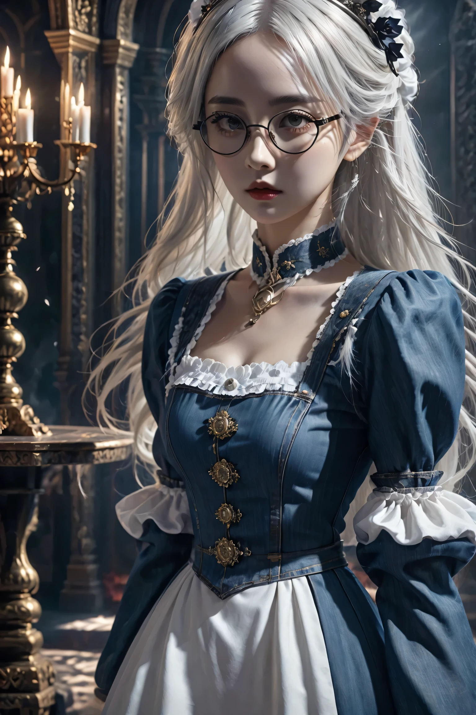 (in the darkness: 1.6),Surrealism, fantasy art, photorealism, dynamic lighting, art station, poster, Volumetric lighting, Very detailed faces, 4K, 1 girl, in the darkness, deep shadow, low profile, Denim maid outfit, long hair, white hair, broken into pieces, luxurious palace, royal style, (wear glasses),(hair accessories),