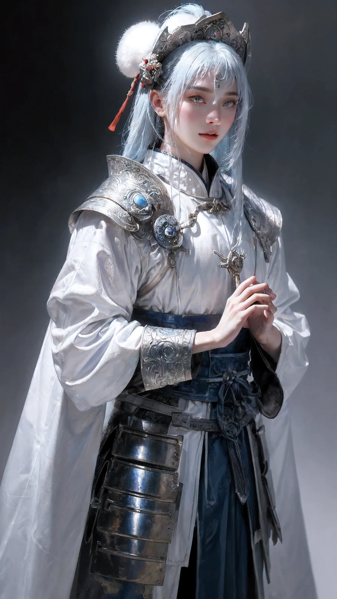 cowboy shut,ultra-detailed,Intricate details EABA,blue eyes,white hair,long hair,cloaks,chinese samurai,Armor,samurai helmet,vivid colors,soft light,