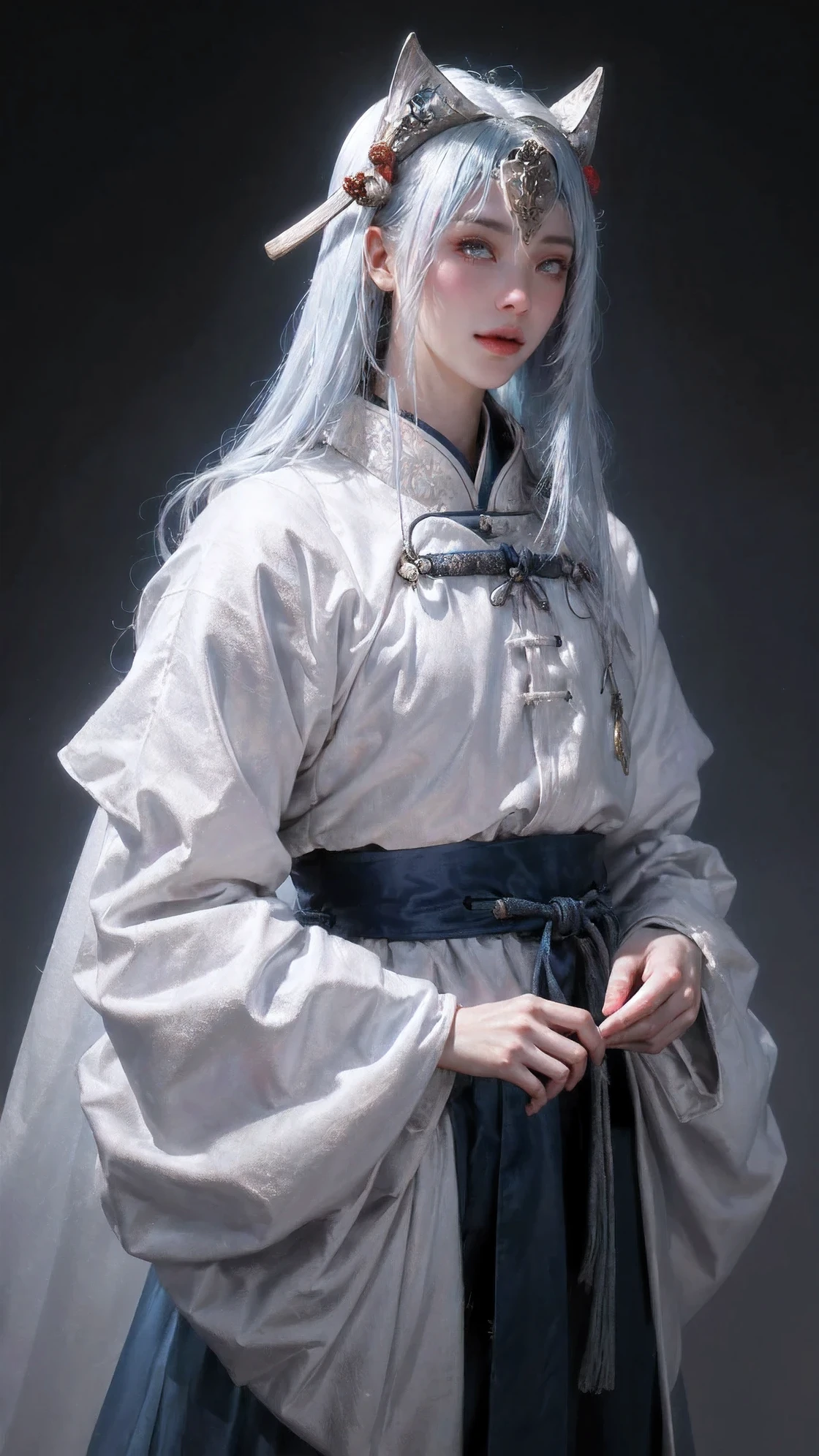 cowboy shut,ultra-detailed,Intricate details EABA,blue eyes,white hair,long hair,cloaks,chinese samurai,Armor,samurai helmet,vivid colors,soft light,