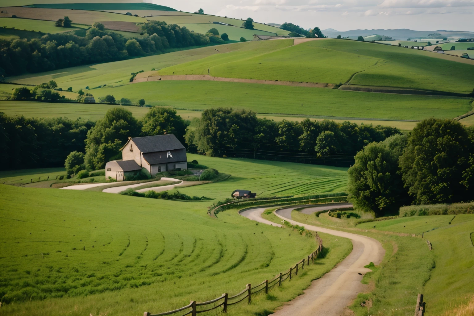 Calm Countryside: Quiet rural landscapes dotted with rolling hills, quaint farms, and peaceful villages, offering a serene escape from urban life.