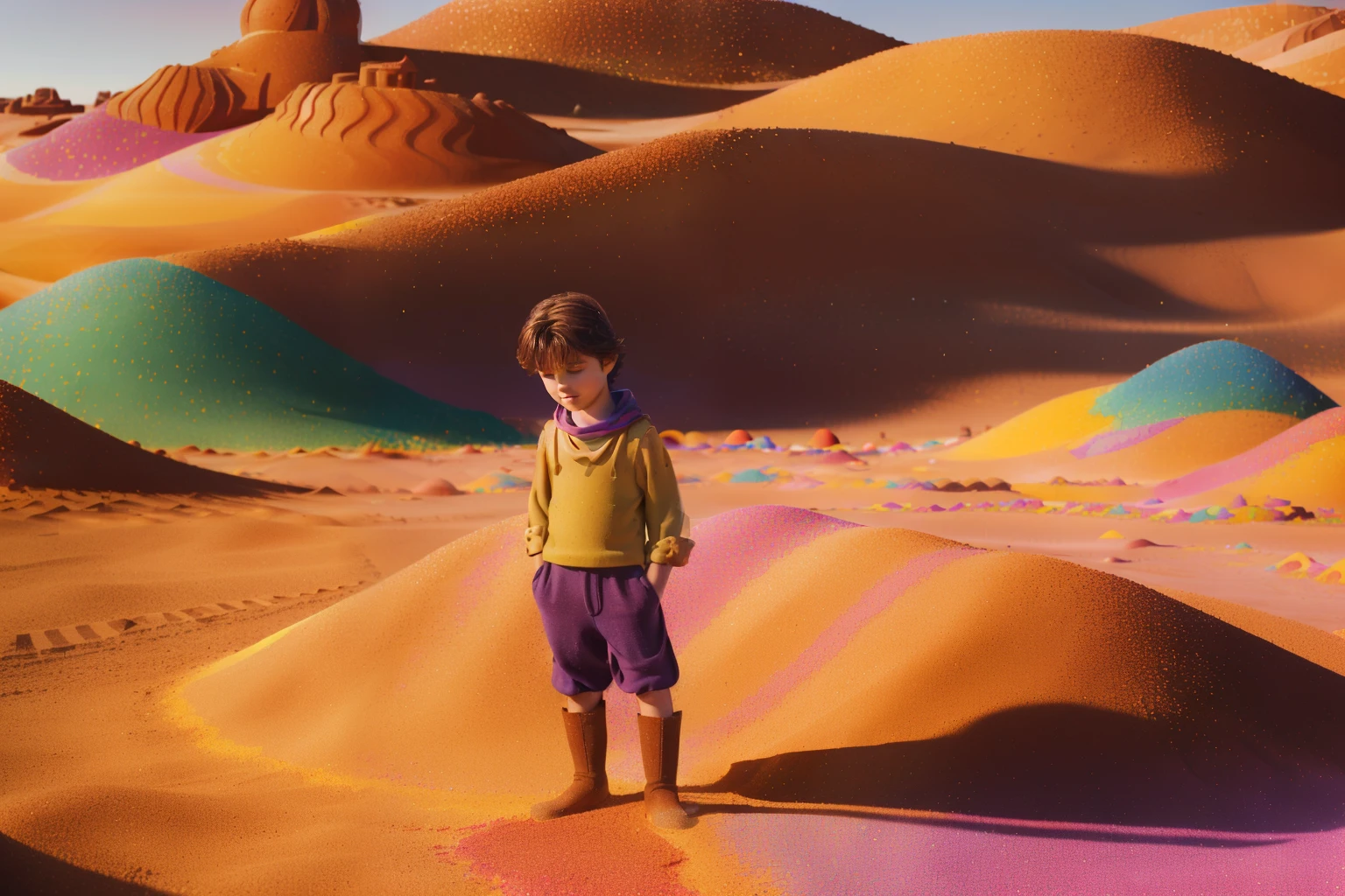 Fairytale Kingdom of Fantasia, Goab, the Desert of Colors. ((((-yeld)) tian Balthazar Bux)), german boy, shy, lively eyes, ((exhausted expression)), looking away. ((((german classic prince clothings)))), ((dark-chestnut hairstyle)). standing in a (((((colorful desert, made with colored sand, every hill a different color))))).