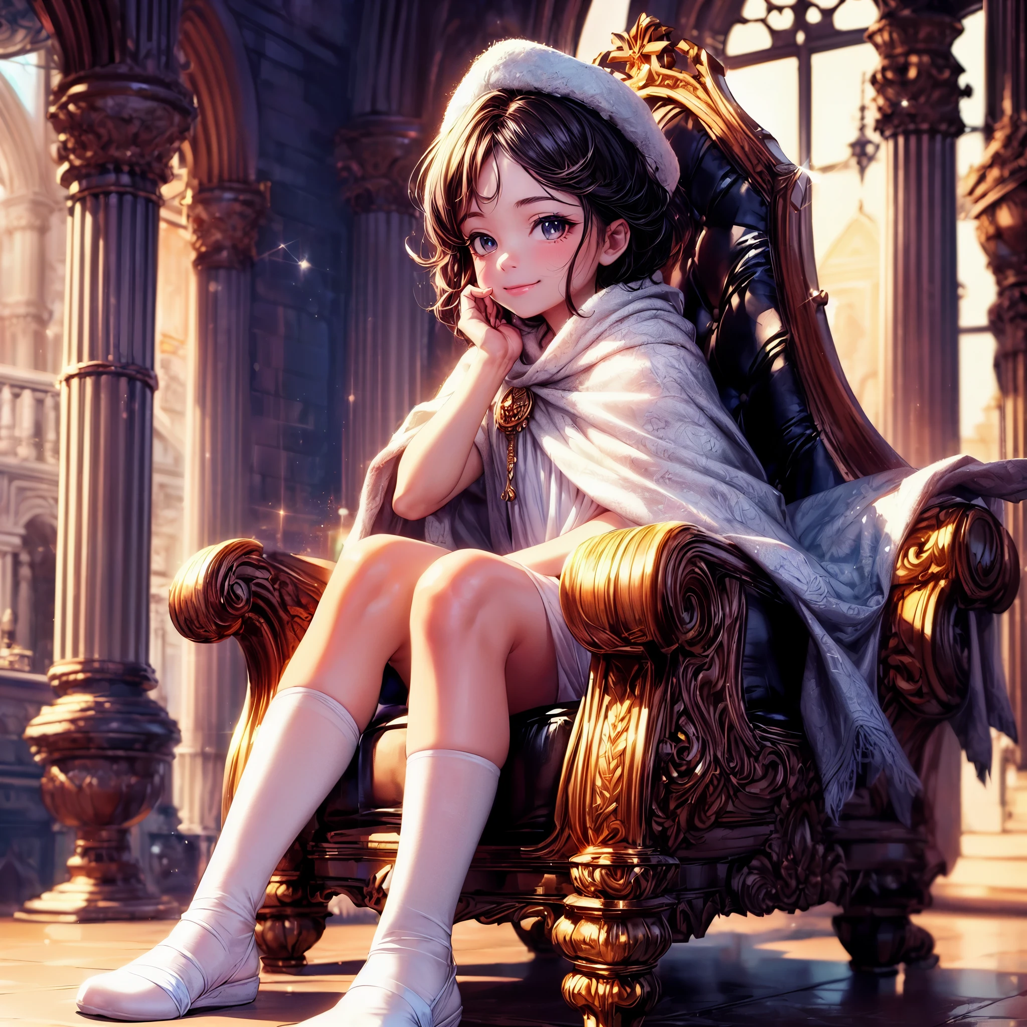 (wide angle), (best quality,4k,8k,highres,masterpiece:1.2),ultra-detailed,(realistic,photorealistic,photo-realistic:1.37), (solo), A cute ( boy:1.1) wearing a (white cloak) and a (very long silk long dress:1.1), best wrinkle, best shadow, (translucent White long stockings), legs under the dress, soft curly hair, sparkling eyes, (curious sparkling eyes, innocent smile, cheeks rosy with happiness), dainty silver crown on his head, (Sitting on an exquisite and solemn throne), In the magnificent palace, bathed in warm golden sunlight, creating a dreamy and magical atmosphere.