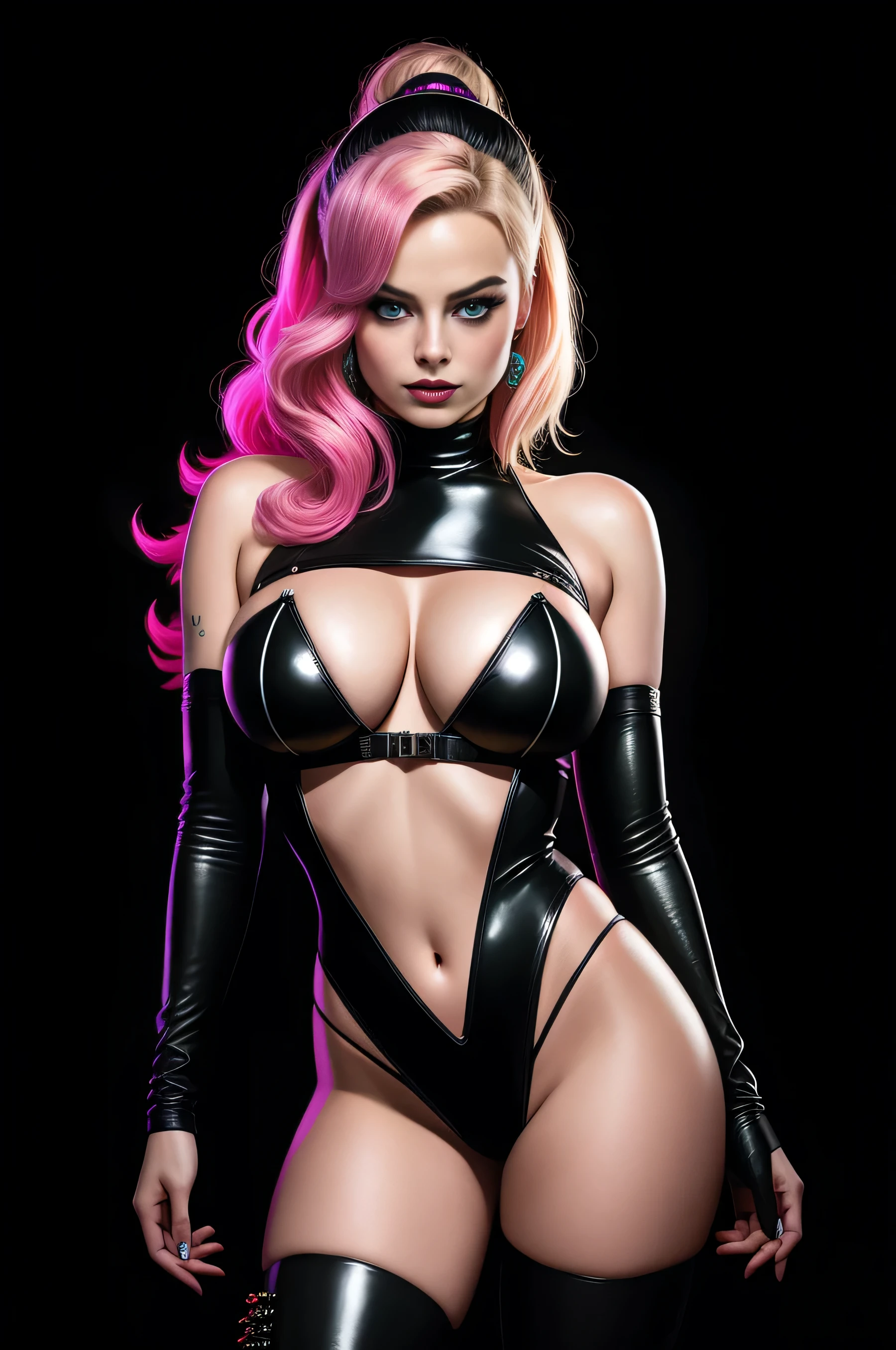 there is Margot Robbie as Harley Quinn standing, nice ass, thigh high boots, 3 d neon art of a woman's body, neon-noir background, cyberpunk femme fatale, seductive cyberpunk dark fantasy, cyberpunk strip clubs, cyberpunk 20 y. o model girl, oppai cyberpunk, banner, high definition cgsociety, cgsociety masterpiece, trending on cgstation, kda, random hair, looking at camera, gigantic breasts, cleavage, (high detailed skin:1.2), 8k uhd, dslr, super lighting, high quality, film grain, high res, highly detailed, hyper realistic, beautiful face, beautiful body, beautiful eyes nose lips, alluring expression, very bold, upper visible, full body photo, standing legs apart, pale translucent glowing skin, most beautiful face, cute, (well defined pubic hair:1.2)), (dark plain black background:1.4))
