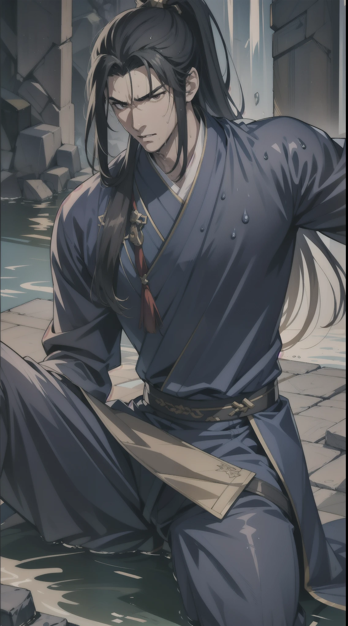 two-dimensional, anime style, man (male warrior), muscle, correct proportions, facial details, martial arts, high ponytail hairstyle, sweat, Sweating face, Slobber, neck detail, with Adam's apple, wet, wet, Hanfu costume, robe, 绣花robe, dragon robe, clothing details, collar, long sleeves, Game quality, swordsman demeanor, Ray tracing, Ray tracing, Details shine, CG rendering, hair details, long black hair, golden eyes, Sweating face, Handsome, Handsome, Sweat beads slid down my neck, (Youthful feeling), intricate clothing, wet, wet, perfect composition, Refinement, high quality, more details, many details, complex background, atmosphere,
