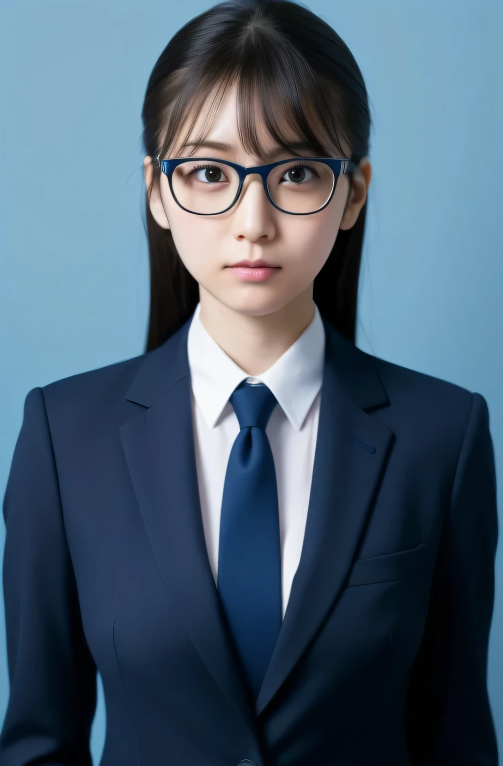Japanese、28 years old、woman、Wearing a black recruit suit、tie your hair back、straight bangs、no makeup、looks weak、pale skin、solid blue background、big margin、stand up straight、ID photo、wearing glasses、There is a large margin at the top