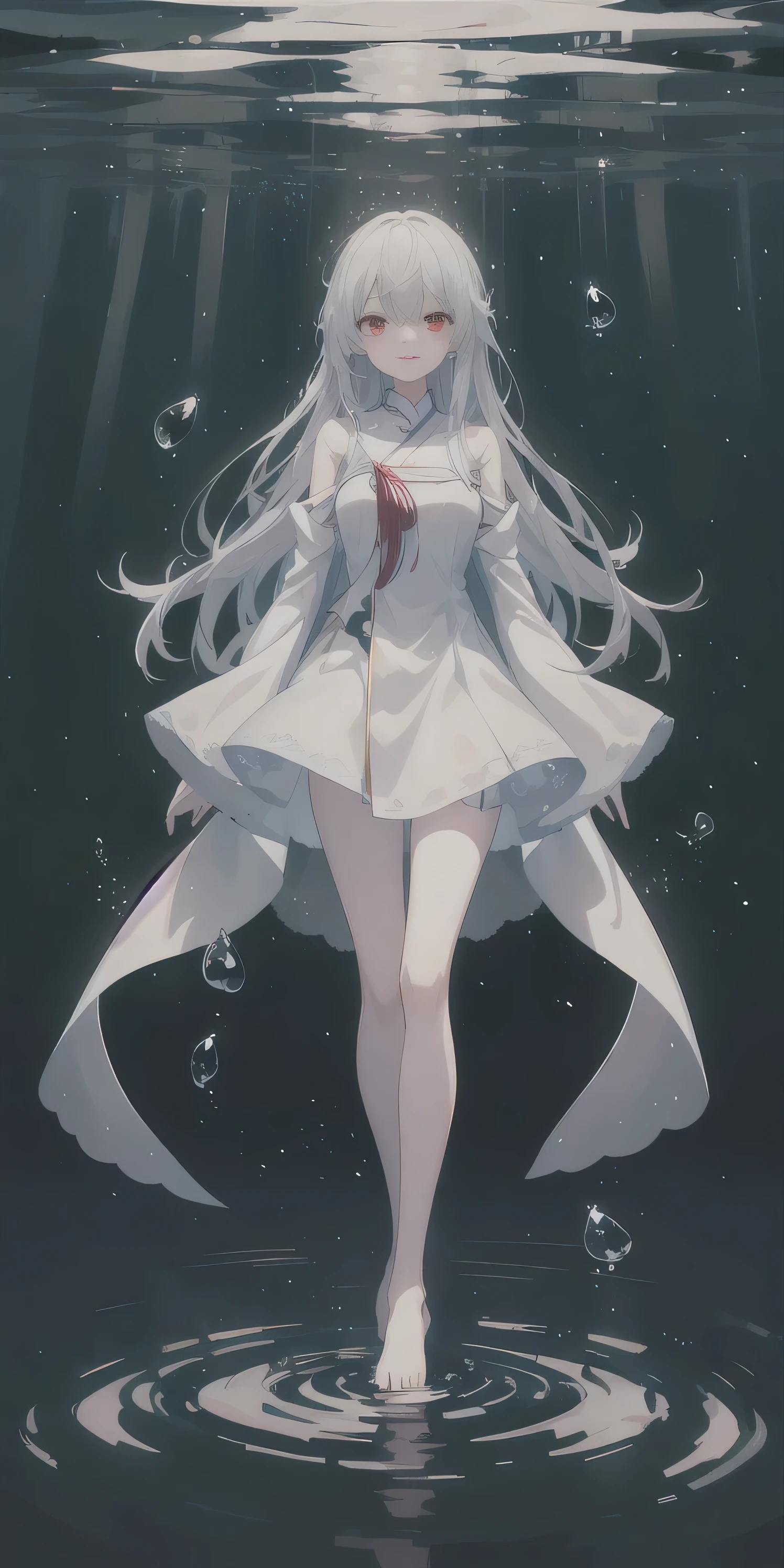 Ultra HD quality,8K,Dreamy beautiful moonlight in dark forest。View of a from above。(Wet messy silver hair and red eyes)。smile slightly。She only wore a long transparent white cloth,It has beautiful lace trim on it。Soak the cloth in water。(splashing in the dark forest lake at night)。(Hair or clothes are wet)。splash。Wet hair。Dripping water droplets。梦幻般的萤火虫在空中float、Light also reflects from water。near method and far method。glitter effects。Dynamic composition with depth。extremely high quality、high level of image quality、extremely refined。Rare workmanship,round,Room, Strong breasts),barefoot,float,water surface,(long legs,long legs,long legs,Gestalt),full-body shot。standing posture,Put your hands behind your back,clear line drawing