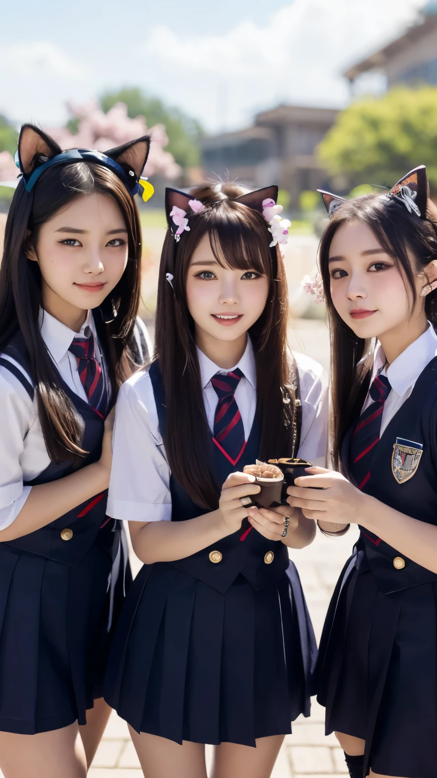masterpiece, 4k, Bokeh, beautiful face, (multiple girls:1.4), Harem, (group photo:1.2), (Cat ears:1.3), medium bob hair, school uniform, graduation, looking at the viewer, cherry blossoms, cowboy shot,