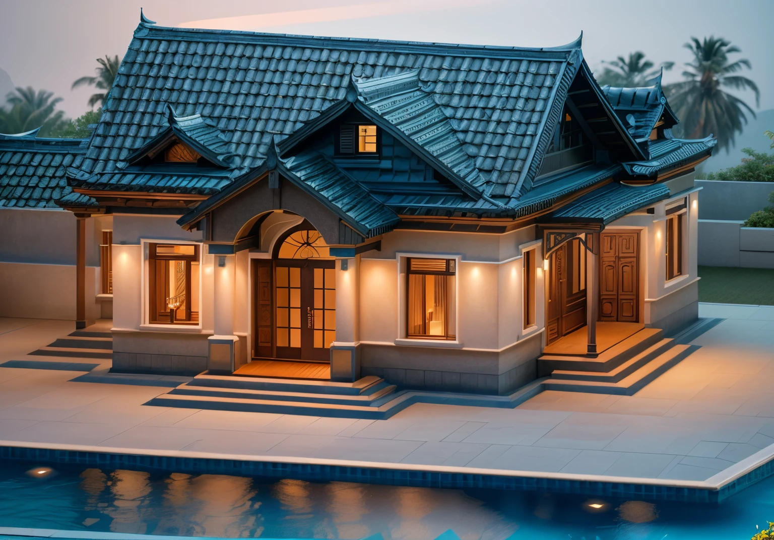 When design a MEDITERRANEAN EXTERIOR house, exterior design, (dark blue roof:1.1), (roof tile:1.2), (indochine style:1.1), ((Iron with artistic patterns detail:1.3) designed to make railings, windows),(xingfa door), (curved arch:1.35), (white wall), (nigh light:1.2), (night view:1.2),designed to make gates, railings, windows), The house bathed in natural nightlight and has warm LED lighting. Super sharp like photos taken with a professional camera, color block wall detail, (|color block materials| in neoclassic house), white color block neoclassic house (((volumetric light))), (outdoor ceiling spotlight:1.2), (Exterior night reverse lights:1.2), (|neoclassical cornice|), The focal point of the room the warm LED light with a color temperature of 3600k, |reverse lights| illuminate the columns around the house, night, 8k uhd, dslr, soft lighting, high quality, film grain, Fujifilm XT3 day, 8k uhd, dslr, soft lighting, high quality, film grain, Fujifilm XT3, The ambient lighting highlights the textures and details, creating a stock photo-like atmosphere, (((Best Quality))), ((Masterpiece)), ((best illustration)), ((best shadows)), ((Super Detail)), (Intricate lines), (Photorealism),(hyper detail), ((archdaily)), ((award winning design)), (dynamic light), ((day)), (perfect light), (shimering light), (hidden light), ((photorealistic)), ((FKAA, TXAA, RTX, SSAO)), ((Post Processing)), ((Post-Production)), ((CGI, VFX, SFX)), ((Full color)) ,((Unreal Engine 5)), ((intricate detail)), ((extreme detail)), ((science)), ((hyper-detail)), ((super detail)), ((super realistic)), ((crazy detail)), ((octane render)), ((Cinematic)), ((trending on artstation)), ((High-fidelity)), ((Viwvid)), ((Crisp)), ((Bright)), ((Stunning)), ((Eye-catching)), ((High-quality)),((Sharp))((Bright)), ((Stunning)), Natural, ((Eye-catching)), ((Illuminating)), ((Flawless)), ((High-quality)),((Sharp edge render)), ((medium soft lighting)), ((photographic render)), ((detailed archviz))