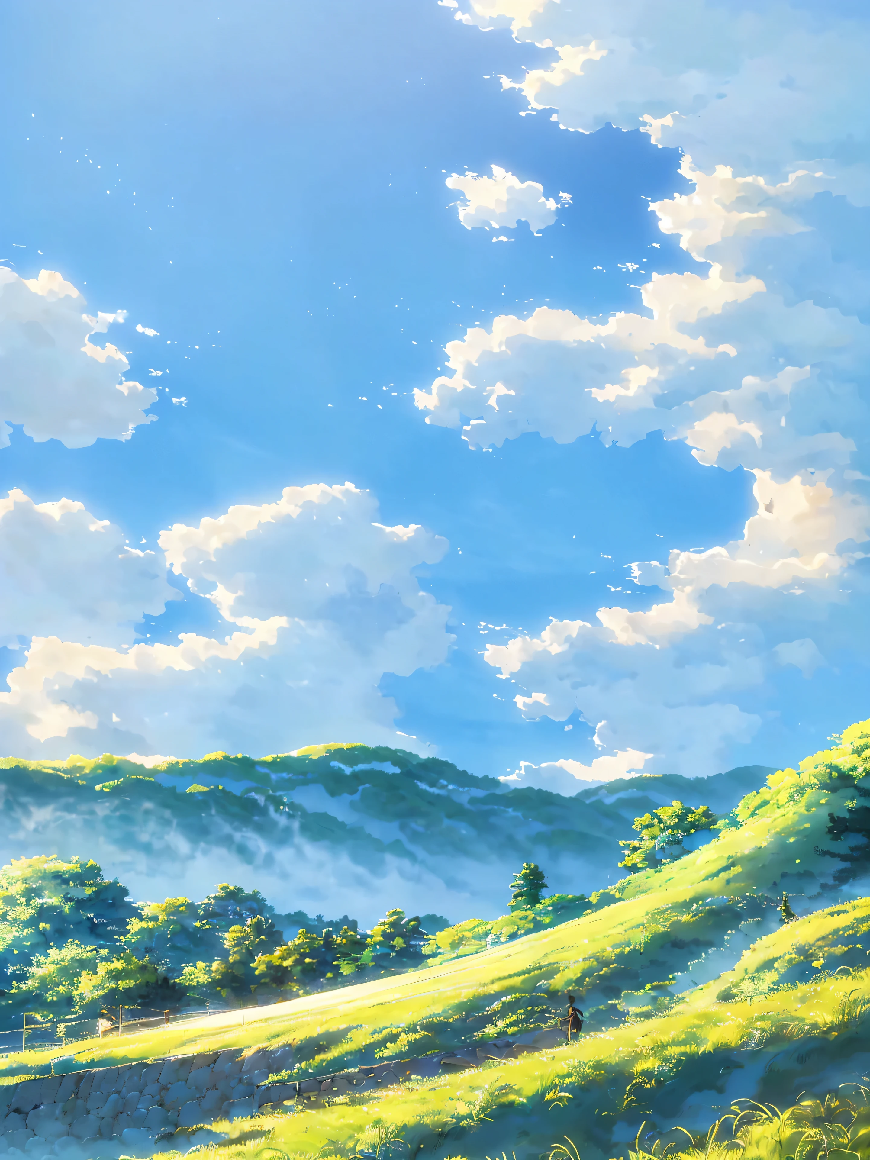 (a man standing, A Boy Stand, white clouds floating above, a hill in the distance with a top view),(photorealistic),(clear blue sky),(bright sunlight),(detailed landscape with lush greenery),(serene atmosphere),(realistic colors),(sharp focus),(high-resolution),(no distractions)