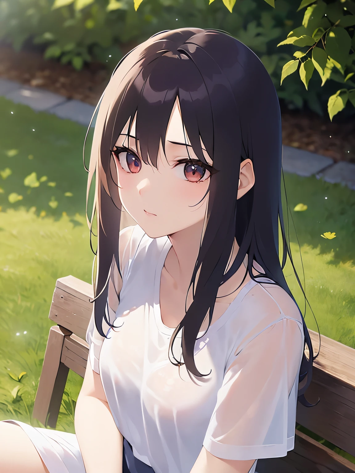 (looking down:1.2), see-through wet shirt, wet hair, Upper Body, Realistic, real person, (pale skin: 1.2), RAW photo, photorealistic, portrait photography, shiny skin, japanese idol、shiny hair、(25 year old woman with medium hair with bangs) and (wavy hair) and (brown hair) and (orange eyes) , Wearing a white V-neck cut-and-sew 、(sad:1.2), The background is a park、Alone、sitting on the bench
