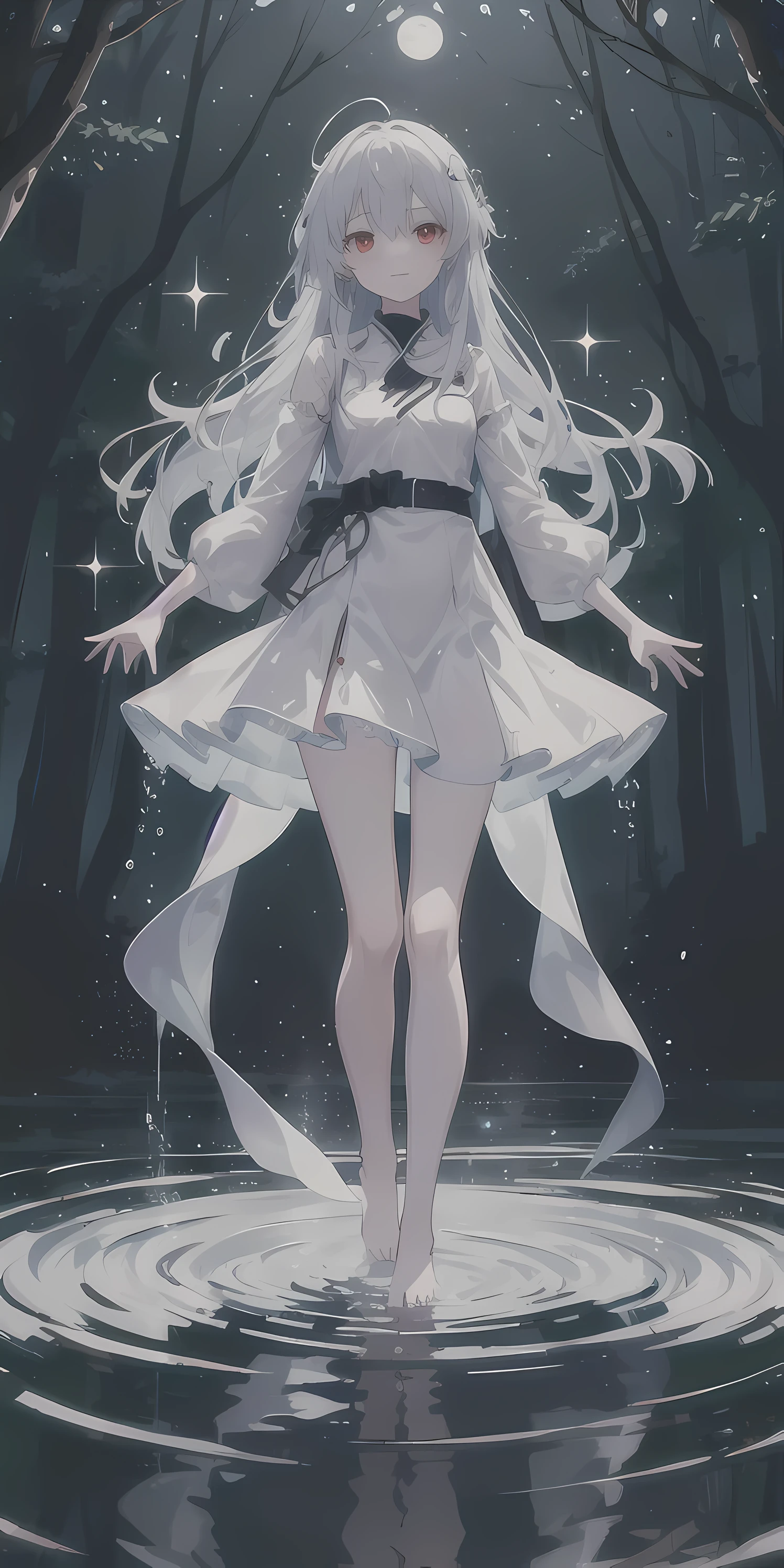 Ultra HD quality,8K,Dreamy beautiful moonlight in dark forest。View of a 15-year-old girl from above。(Wet messy silver hair and red eyes)。smile slightly。She only wore a long transparent white cloth,It has beautiful lace trim on it。Soak the cloth in water。(splashing in the dark forest lake at night)。(Hair or clothes are wet)。splash。Wet hair。Dripping water droplets。梦幻般的萤火虫在空中float、Light also reflects from water。near method and far method。glitter effects。Dynamic composition with depth。extremely high quality、high level of image quality、extremely refined。Rare workmanship,round,Room, Strong breasts),barefoot,float,water surface,(long legs,long legs,long legs,Gestalt),full-body shot。standing posture,Put your hands behind your back,clear line drawing