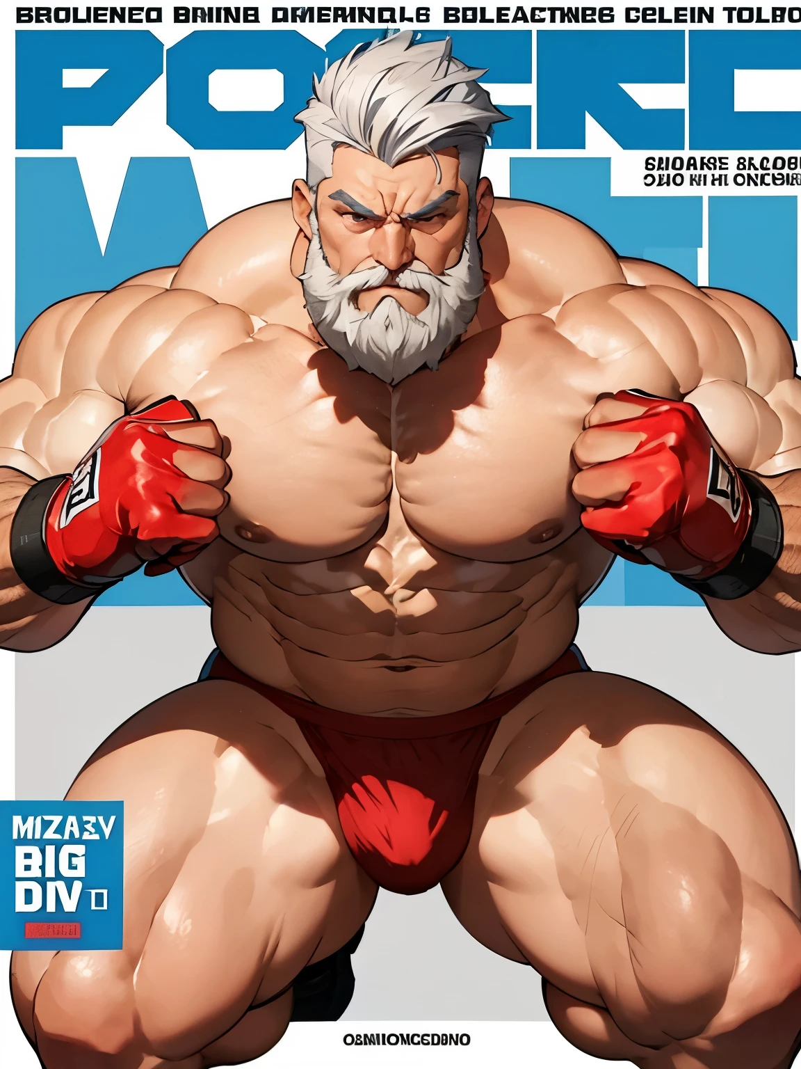 (magazine cover), with text, solo, 1boy, (Huge Muscular Old man as a boxer, wearing red boxing gloves , wearing blue thong) (short hair, 2tone hair color, two tone hair colors, grey and white hair color), pectoral, abnormal muscle size, very big muscle, big bulging crotch, crotch in focus, squatting with legs open, absurdly muscle size, huge pectoral, wide pectoral, short white hair, short bearded, simple background, masterpiece, high detailed, 8k, high resolution, --style 250, -- v 6.0