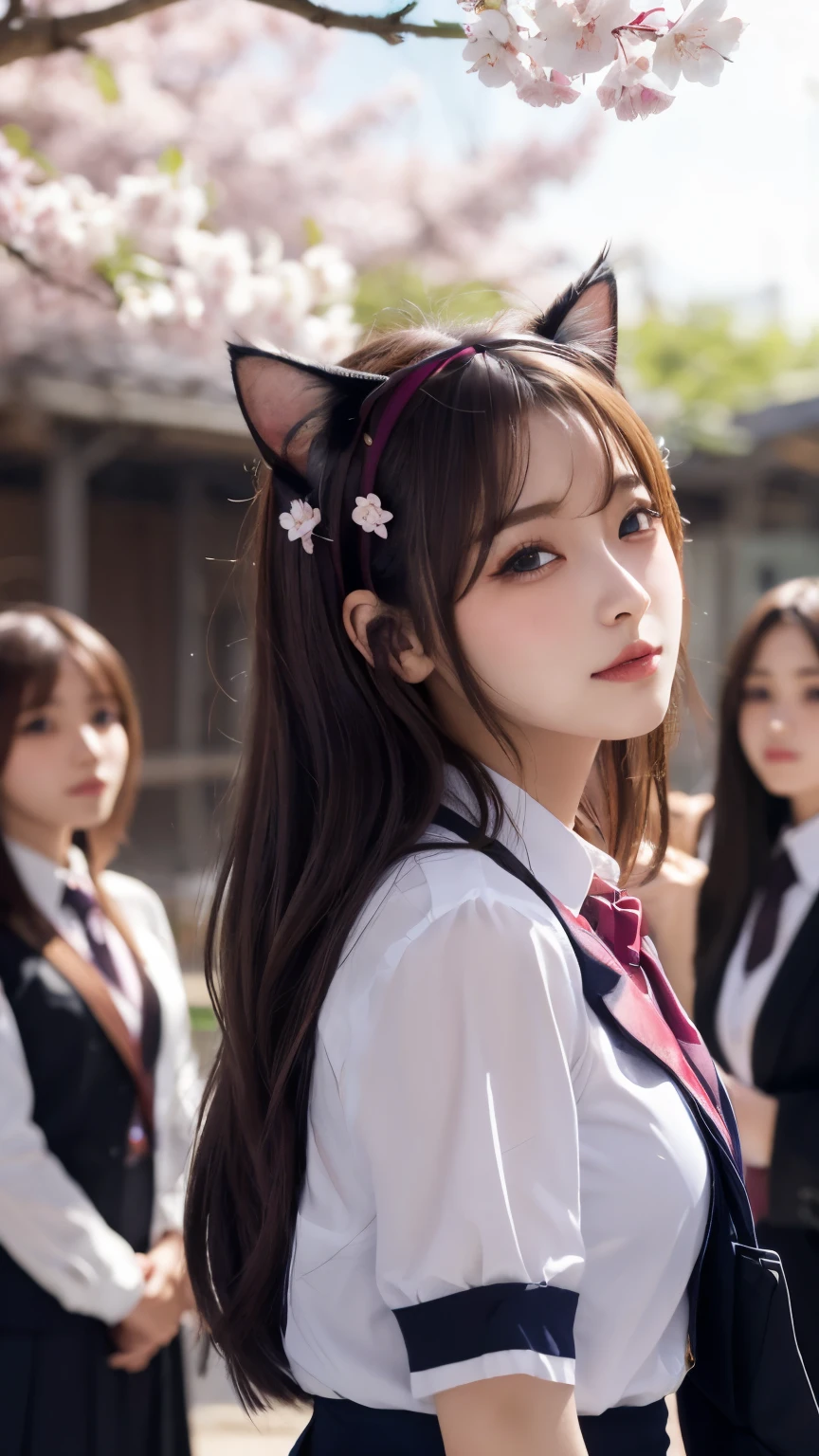 masterpiece, 4k, Bokeh, beautiful face, (multiple girls:1.4), Harem, (group photo:1.2), (Cat ears:1.3), medium bob hair, school uniform, graduation, looking at the viewer, cherry blossoms, cowboy shot,