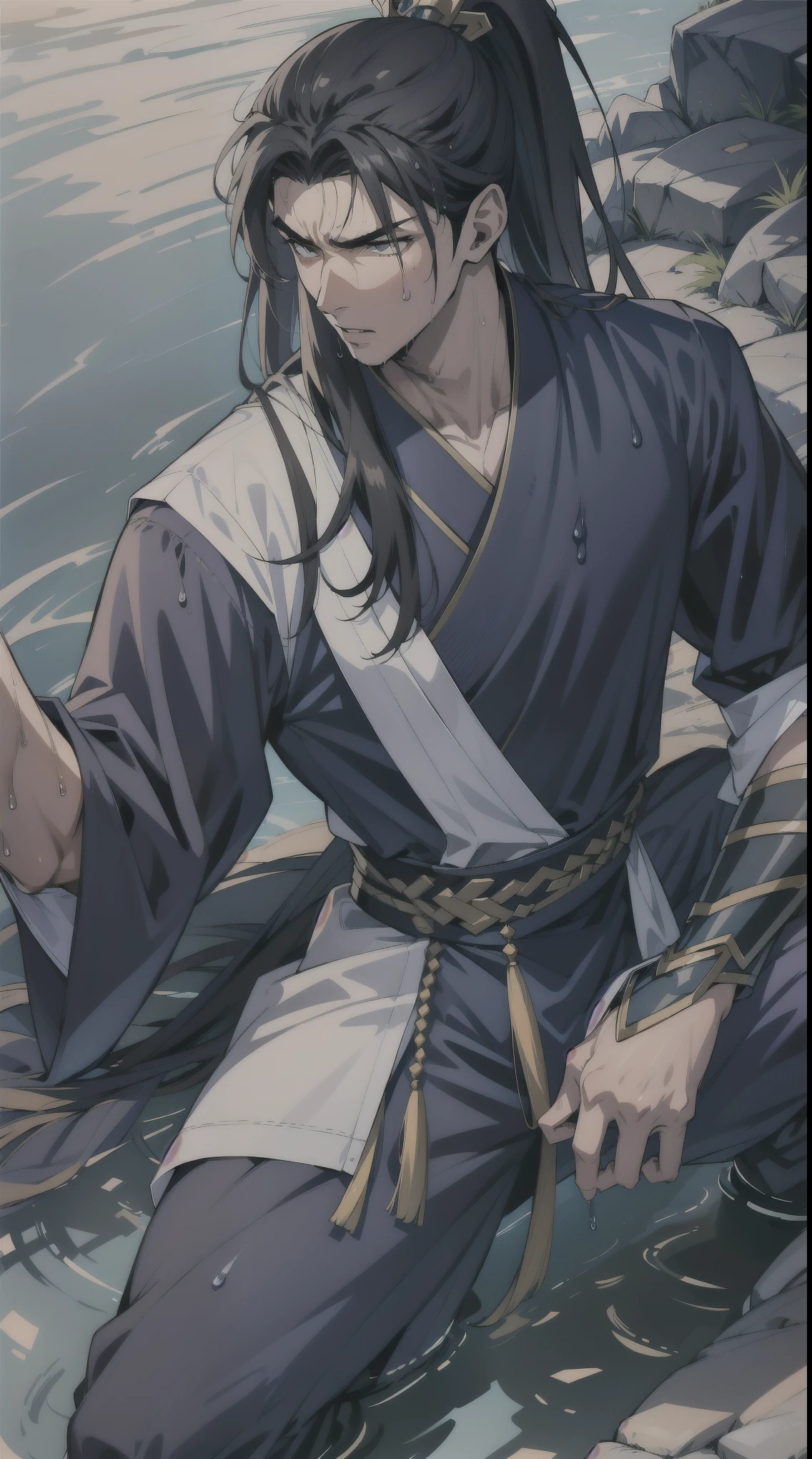 two-dimensional, anime style, man (male warrior), muscle, correct proportions, facial details, martial arts, high ponytail hairstyle, sweat, Sweating face, Slobber, neck detail, with Adam's apple, wet, wet, Hanfu costume, robe, 绣花robe, dragon robe, clothing details, collar, long sleeves, Game quality, swordsman demeanor, Ray tracing, Ray tracing, Details shine, CG rendering, hair details, long black hair, golden eyes, Sweating face, Handsome, Handsome, Sweat beads slid down my neck, (Youthful feeling), intricate clothing, wet, wet, perfect composition, Refinement, high quality, more details, many details, complex background, atmosphere,
