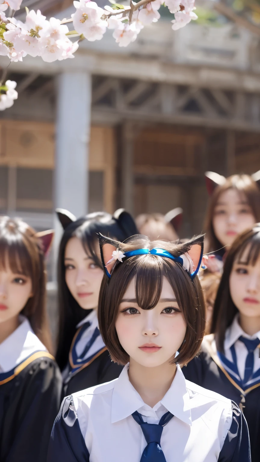 masterpiece, 4k, Bokeh, beautiful face, (multiple girls:1.4), Harem, (group photo:1.2), (Cat ears:1.3), medium bob hair, school uniform, graduation, looking at the viewer, cherry blossoms, cowboy shot,