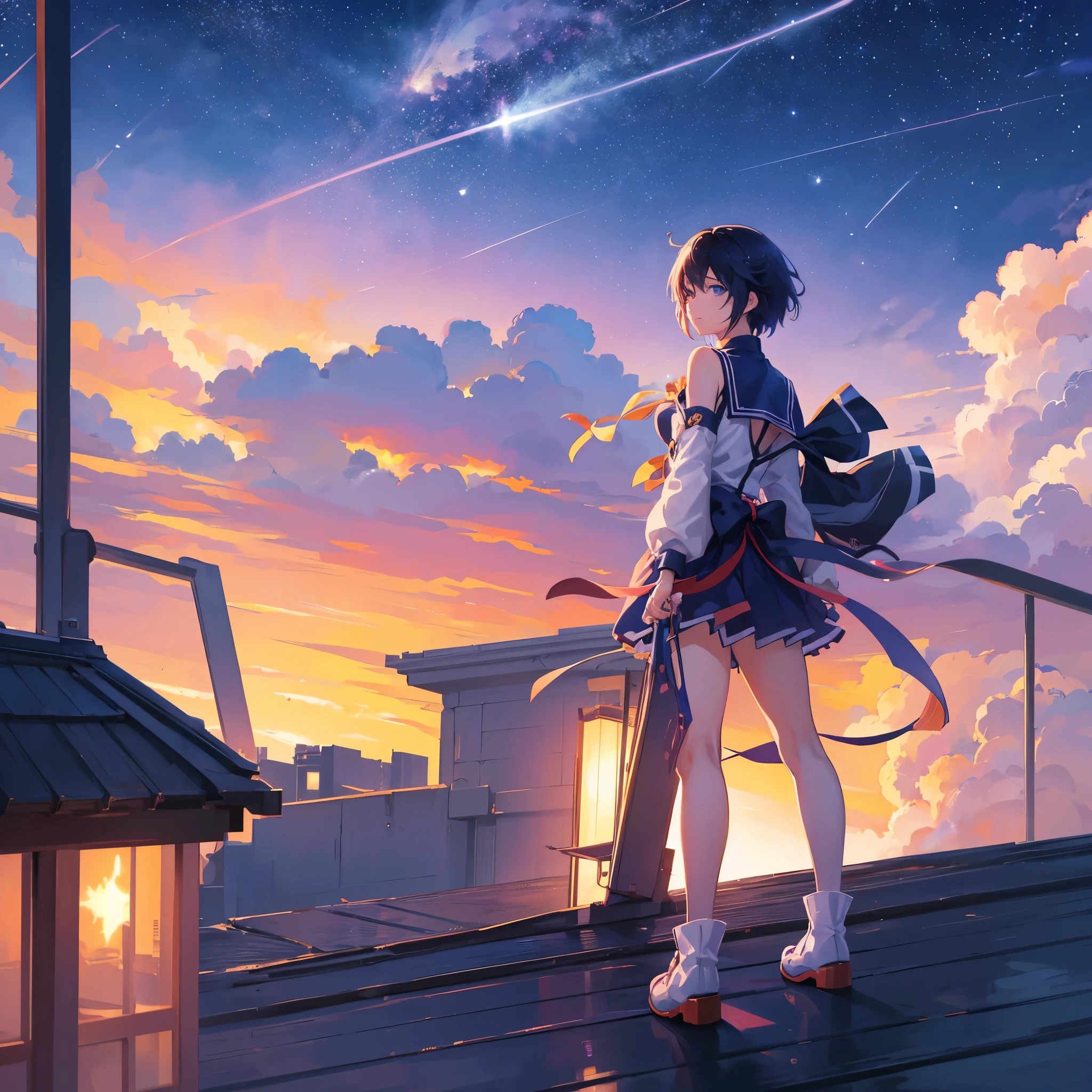 Anime girl standing on the rooftop and looking at the night sky with stars, anime wallpaper 4k, anime wallpaper 4 k, 4k anime wallpaper, anime art wallpaper 8k, anime art wallpaper 4k, anime art wallpaper 4k, anime style 4k, makoto shinkai cyril rolando, 4k manga wallpaper, anime wallpaper, awesome wallpaper, shooting star